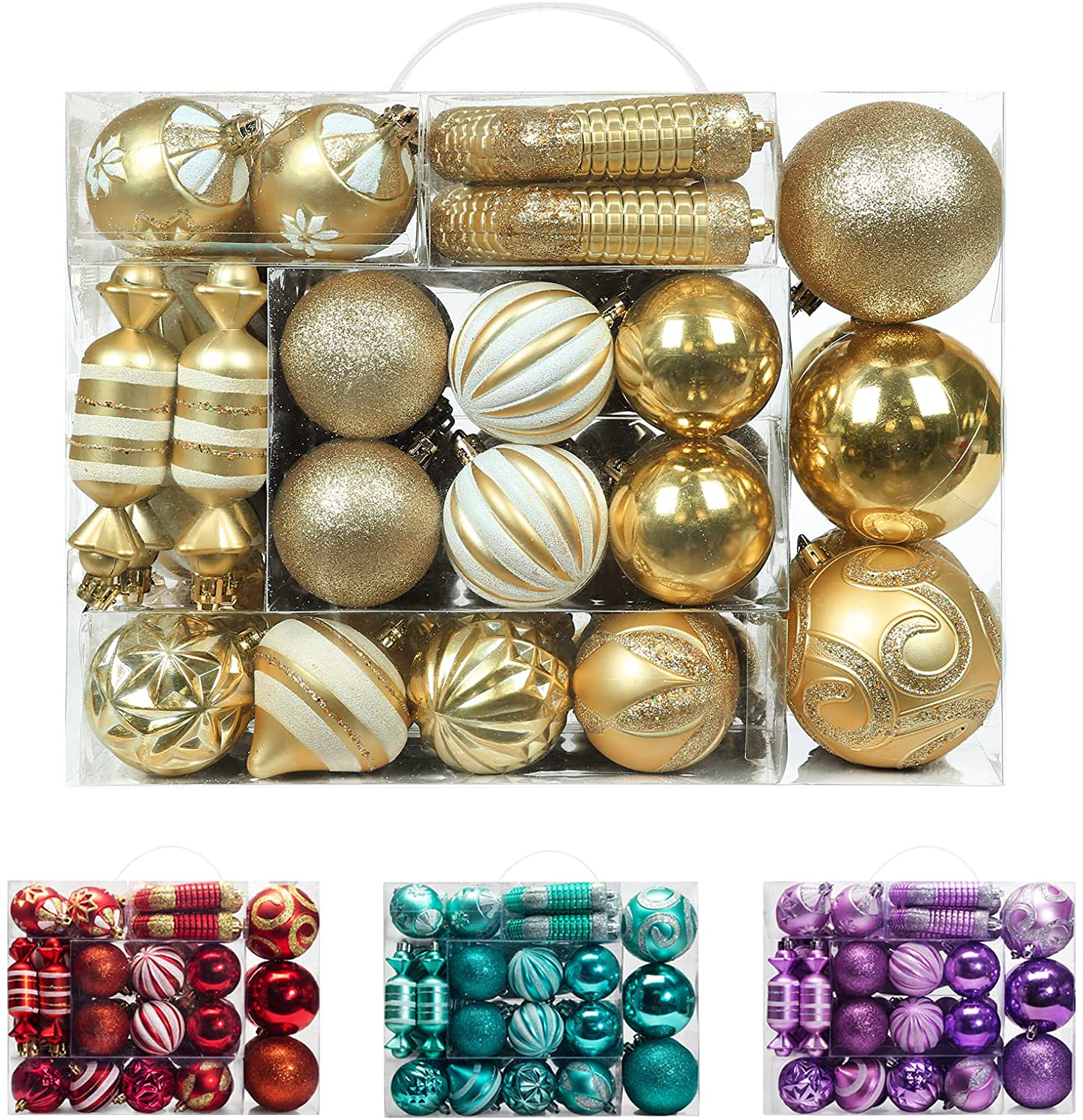 AMS 81Ct Christmas Ball Ornaments Holiday Tree Decorations in a Reusable Hand-Help Gift Box for Wedding,Thanksgiving,Party(Gold)