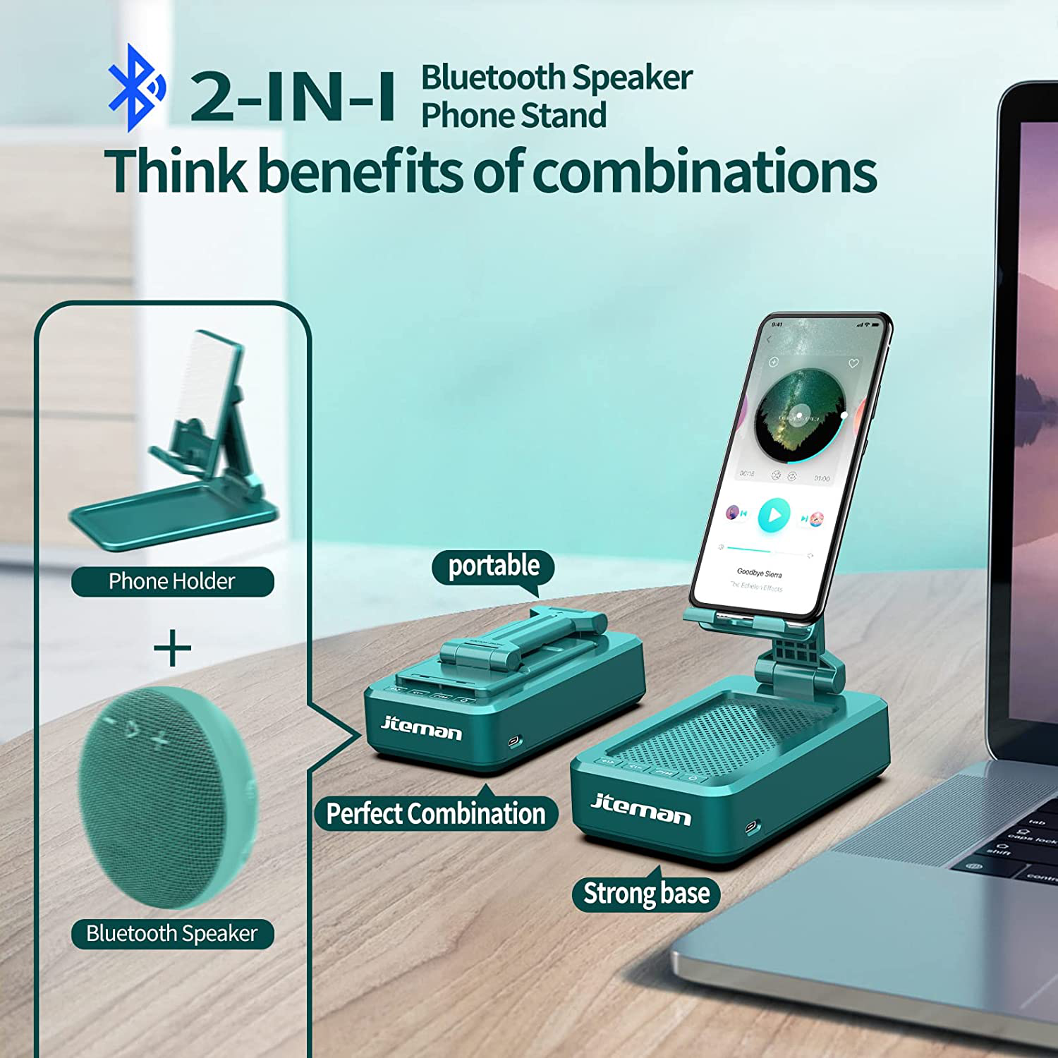 Jteman Cell Phone Stand,Angle Adjustable Phone Holder with Wireless Bluetooth Speakers,Strong Pedestal Phone Stand for Desk,Hd Sound and Bass Bluetooth Speaker Compatible with All Mobile Phones(Green)