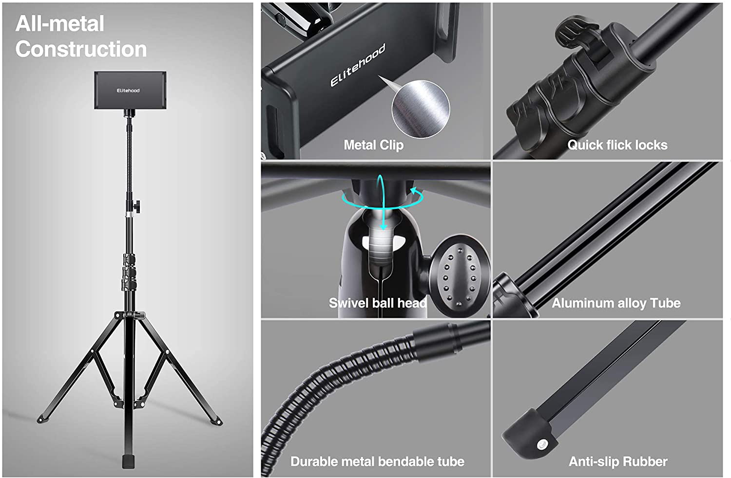 Elitehood Metal Ipad Tripod Stand & Adjustable 72’’ Gooseneck Tablet Floor Stand Holder, Heavy Duty Aluminum Ipad Floor Stand for Ipad Pro 12.9 11, Mini, Air, Iphone and 4.7-12.9" Tablets Cell Phones