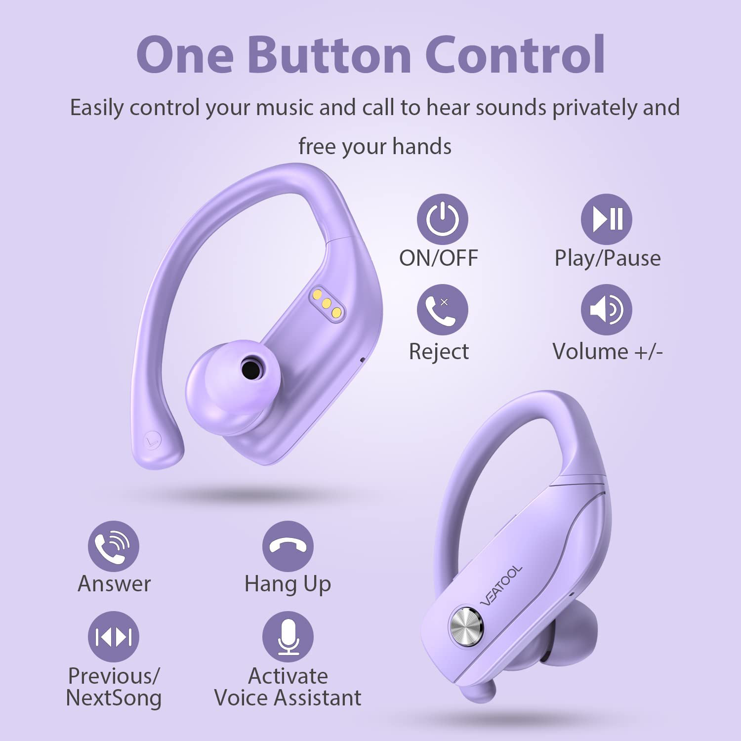 Wireless Earbuds Bluetooth Headphones 48Hrs Play Back Sport Earphones with LED Display Over-Ear Buds with Earhooks Built-In Mic Headset for Workout Purple BMANI-VEAT00L