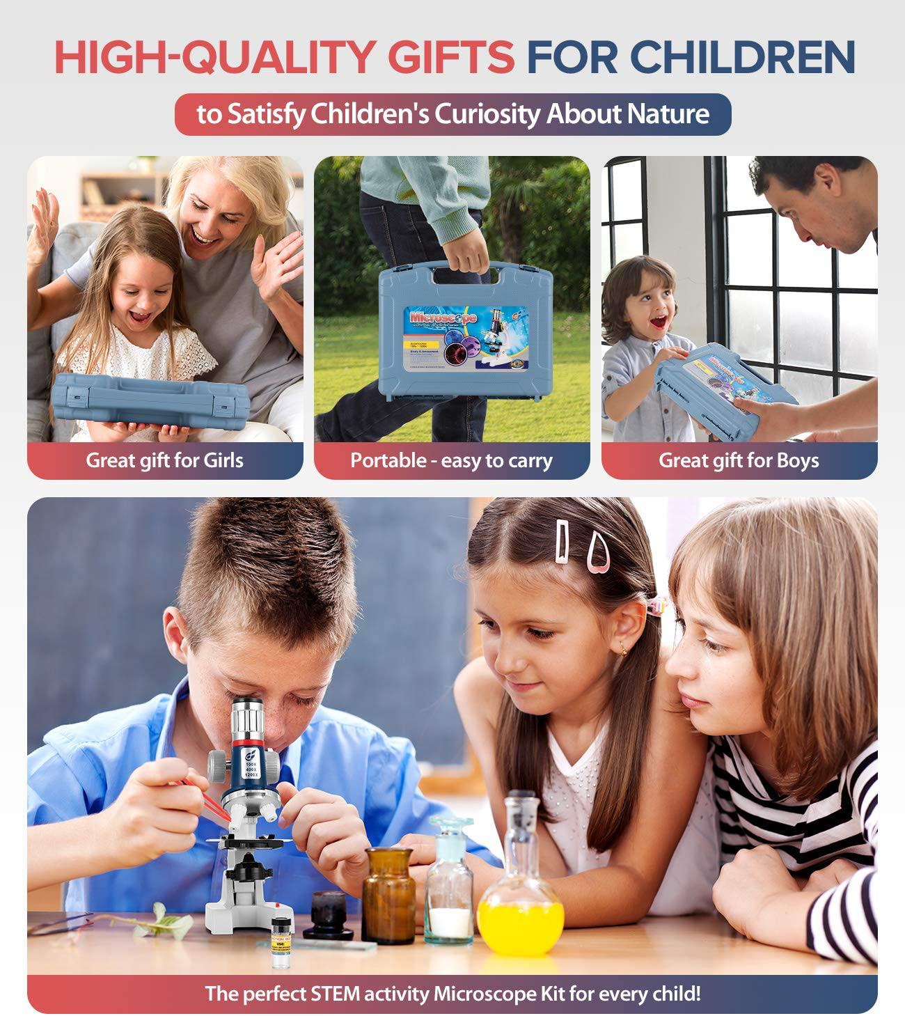 58-Pcs Microscope Kit for Kids 8-12, 100X-1200X Kids Microscope with Metal Body Microscope, Carrying Box, LED Light, Science Experiments Kit Toys for Kids 3-5 5-7 8 9 10 Christmas Birthday Gift 2021