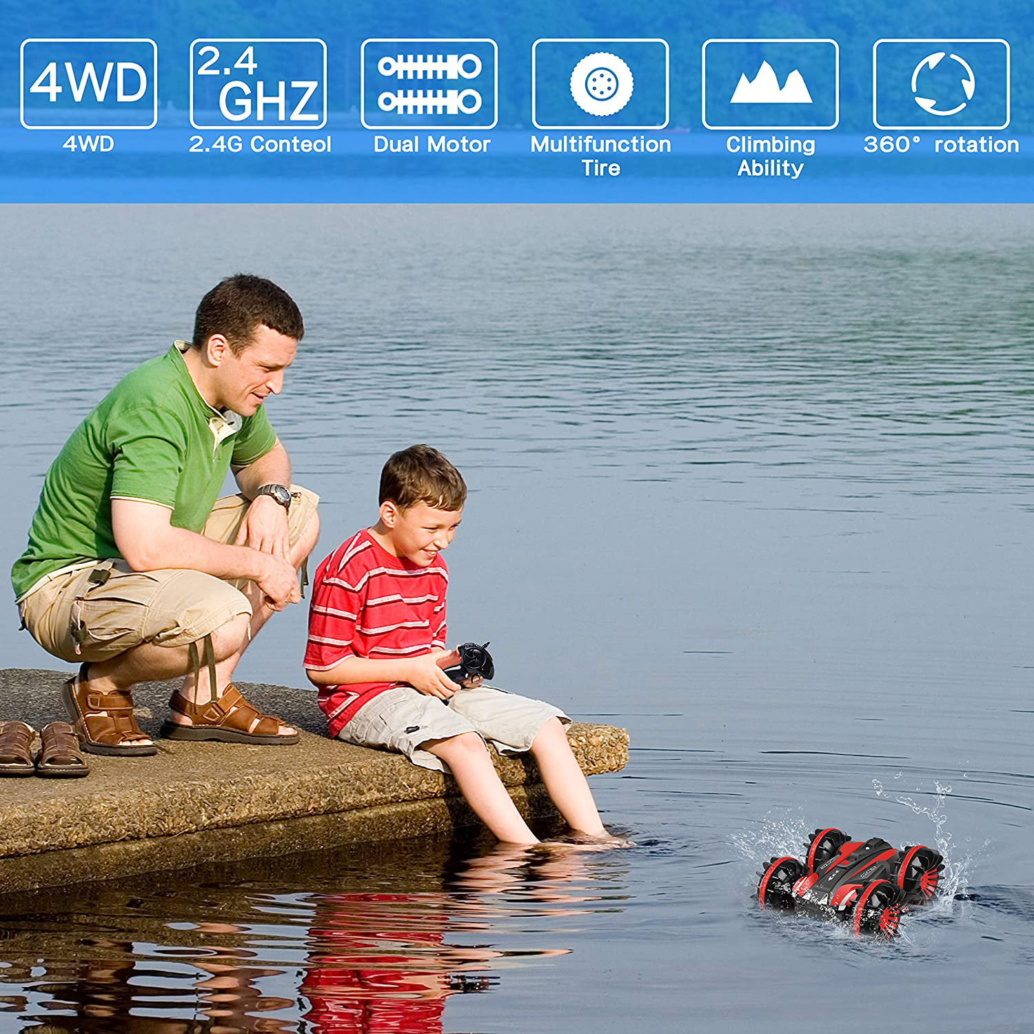 YEZI Amphibious RC Car for Kids Toys for 6-12 Year Old Boy 2.4 Ghz Remote Control Boat Waterproof RC Monster Truck Stunt Car 4WD Remote Control Vehicle Teen Adult Gift All Terrain Water Beach Pool Toy