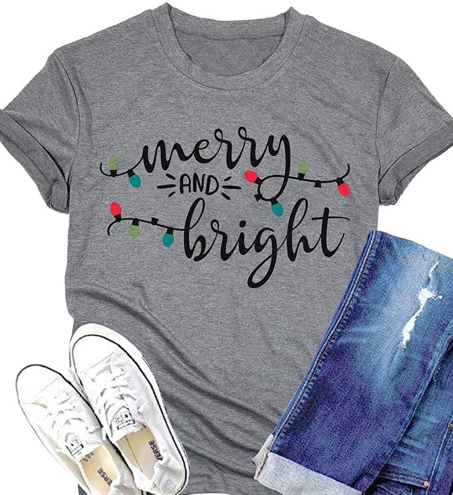 DUTUT Merry and Bright Christmas Lights T-Shirts Women Xmas Graphic Print Shirts Holiday Short Sleeve Tops Tees
