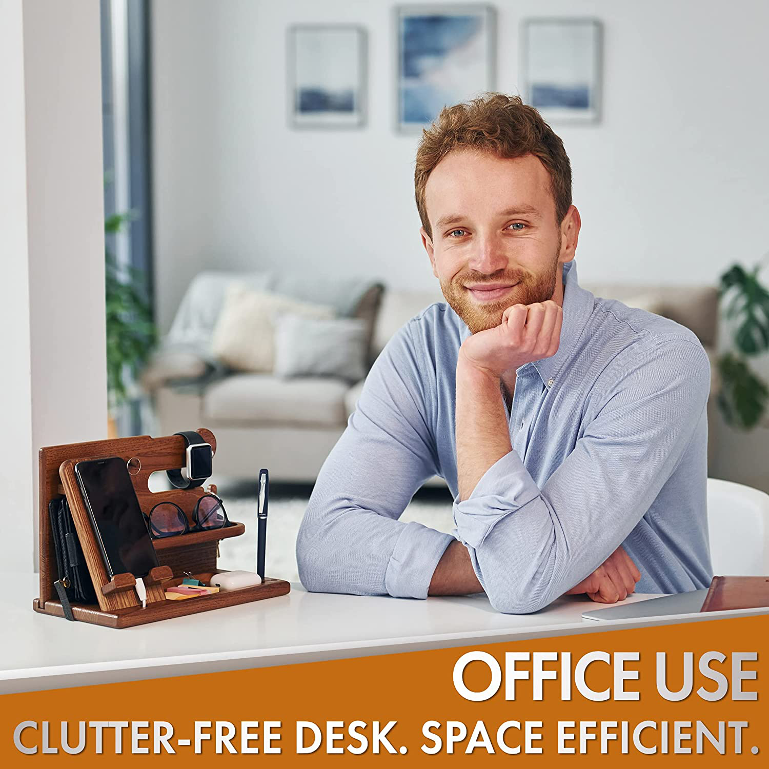 TESLYAR Wood Phone Docking Station Ash Key Holder Wallet Stand Watch Organizer Men Gift Husband Wife Anniversary Dad Birthday Nightstand Purse Father Graduation Male Travel Idea Gadgets