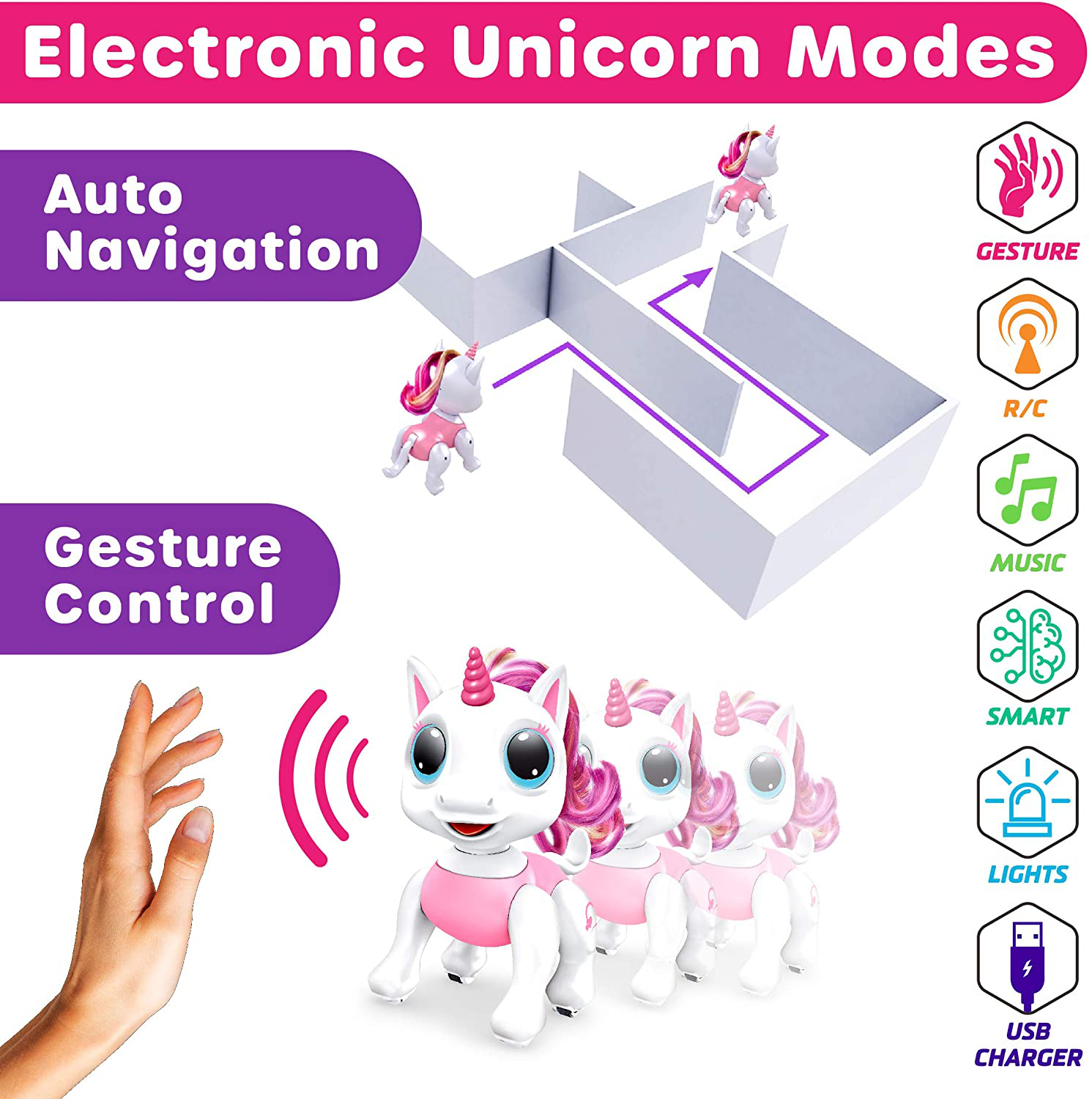 Power Your Fun Robo Pets Unicorn Toy for Girls and Boys - Remote Control Robot Toy with Interactive Hand Motion Gestures, STEM Toy Program Treats, Walking and Dancing Robot Unicorn Kids Toy (Pink)