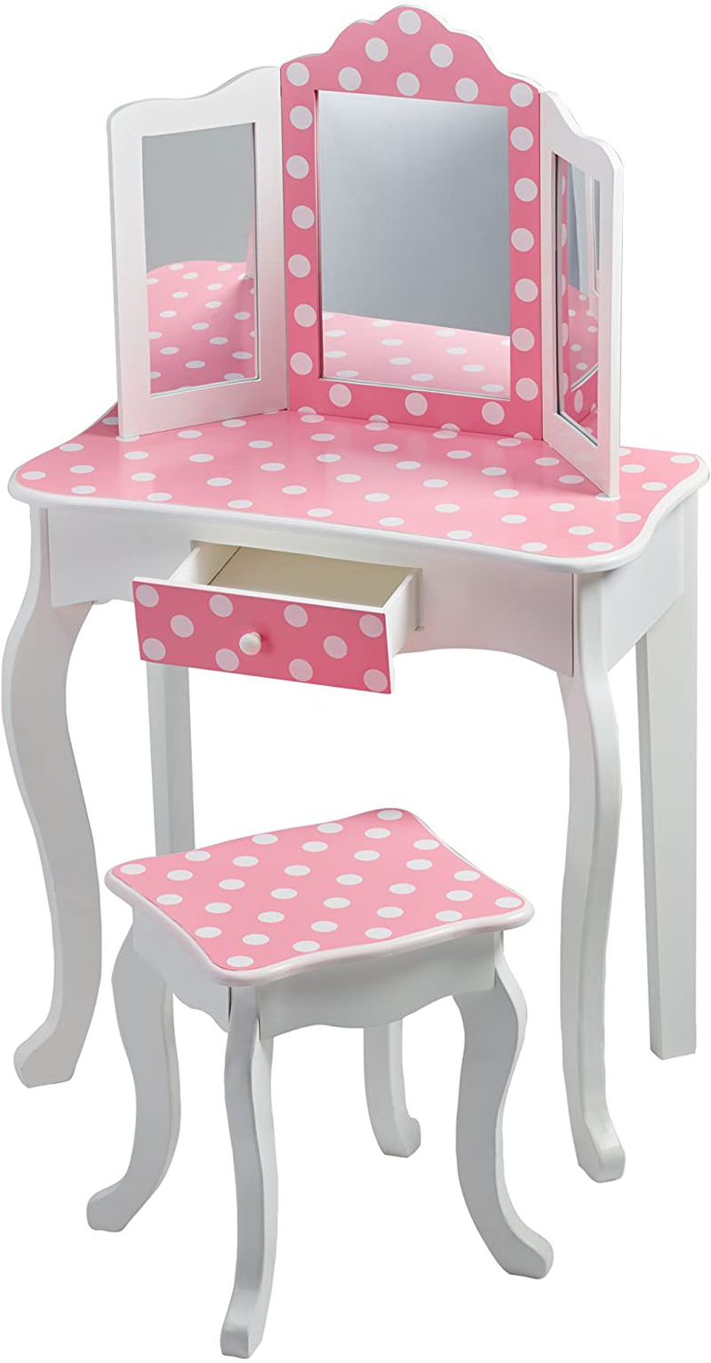 Teamson Kids Gisele Polka Dot Wooden Vanity Set with Tri-Fold Mirror and Chair Table & Stool Set, Pink/White