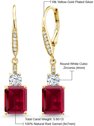 Gem Stone King 5.60 Ct Emerald Cut Red Created Ruby 18K Yellow Gold Plated Silver Earrings