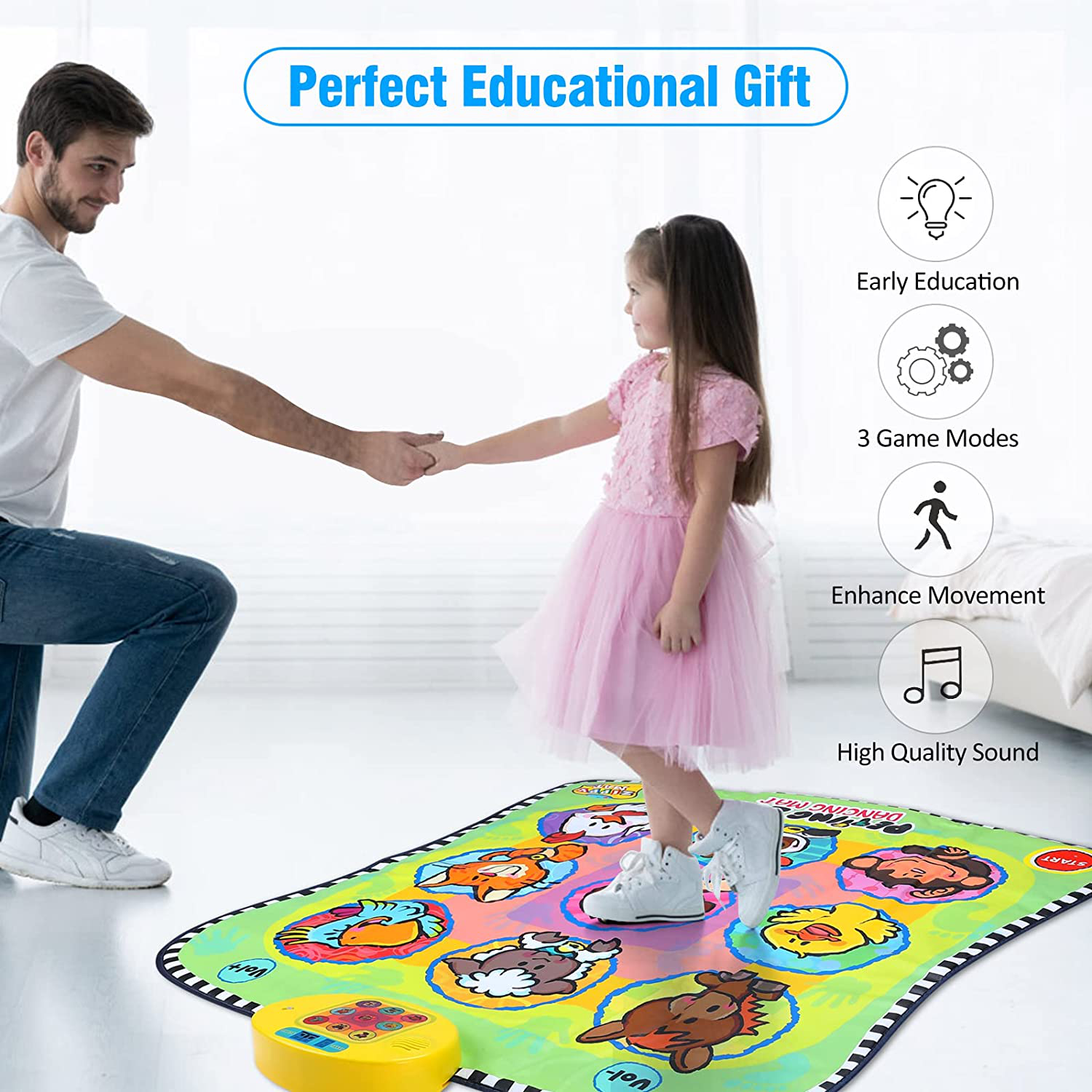Rhfugui Dance Mat, Kids Musical Mats, Dance Pad with LED Lights, Adjustable Volume, Built-In Music, Games for Girls with 3 Challenge Levels,The Birthday Gift Toy for Girls & Boys over 3 Years