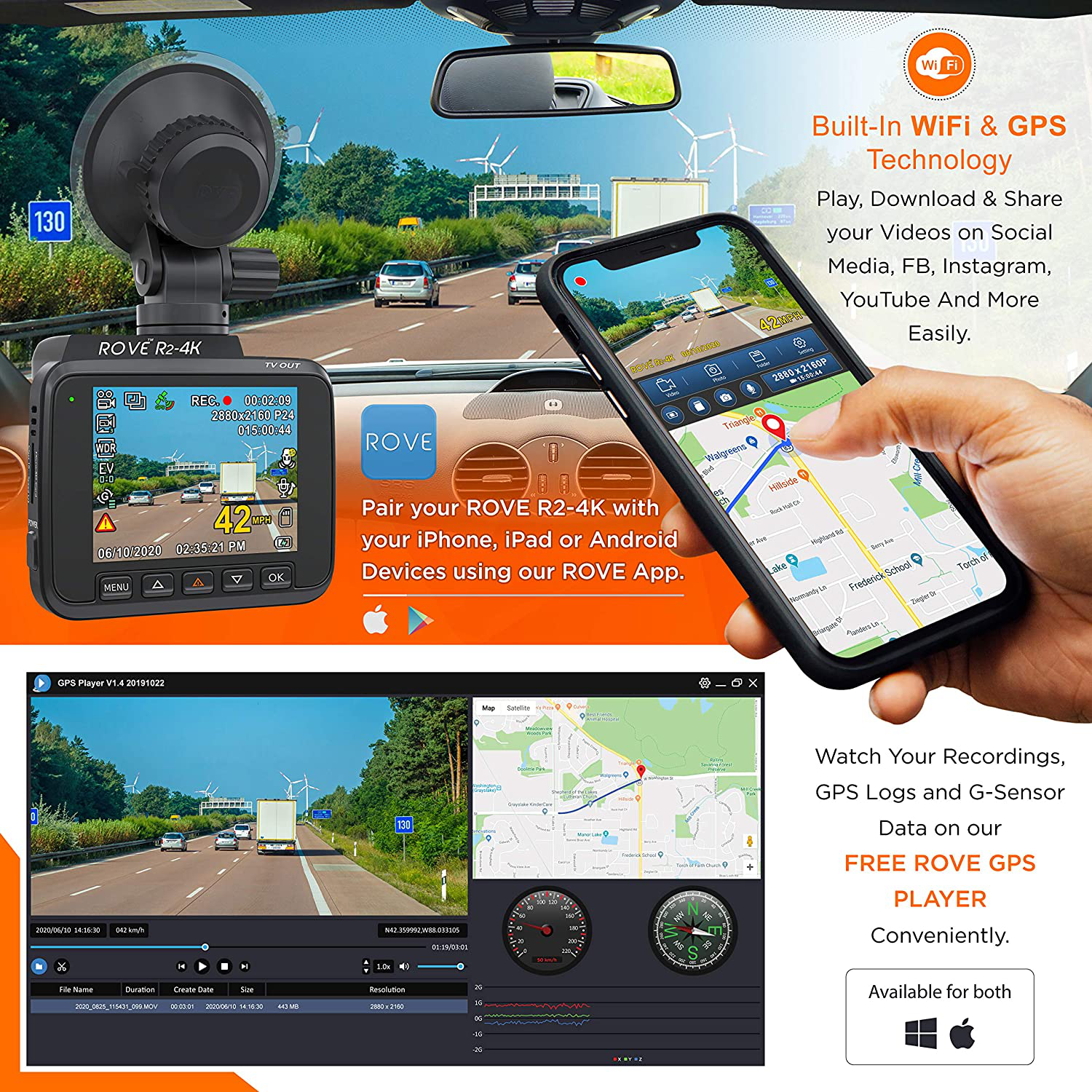 Rove R2-4K Dash Cam Built in Wifi GPS Car Dashboard Camera Recorder with UHD 2160P, 2.4" LCD, 150° Wide Angle, WDR, Night Vision