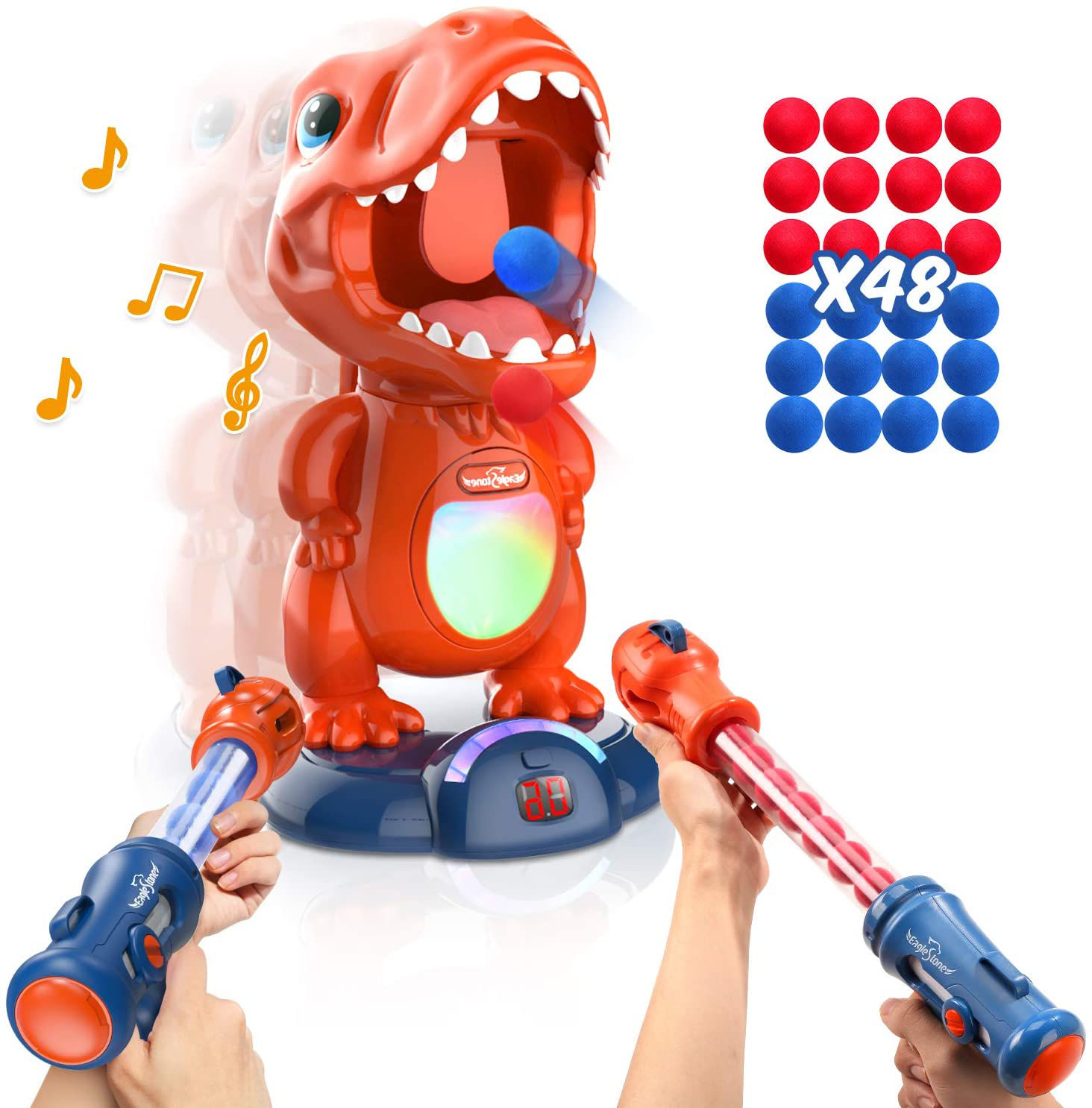 Movable Dinosaur Shooting Toys for Kids Target Shooting Games with 2 Air Pump Gun, Party Toys with Score Record, LED & Sound, 48 Foam Balls Electronic Target Practice Toys Gift for Boys and Girls
