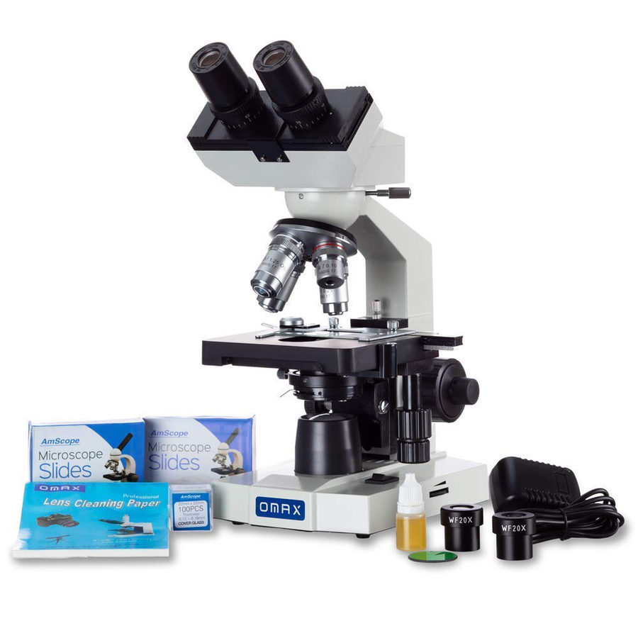 OMAX 40X-2000X LED Binocular Compound Lab Microscope W/ Double Layer Mechanical Stage + Blank Slides, Cover Slips, & Lens Cleaning Paper, M82ES-SC100-LP100