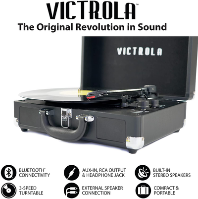 Victrola Vintage 3-Speed Bluetooth Portable Suitcase Record Player with Built-In Speakers | Upgraded Turntable Audio Sound| Includes Extra Stylus | Black, Model Number: VSC-550BT-BK