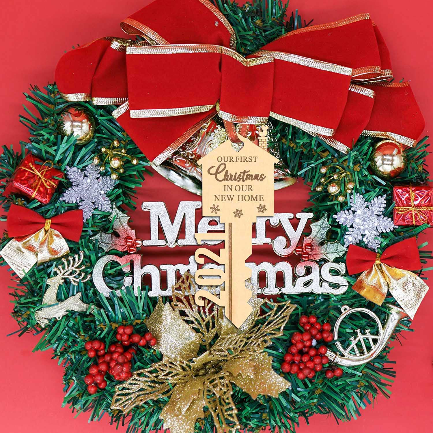 LEJHOME 2021 Our First Christmas in Our New Home Wood Key Christmas Ornament for Housewarming Gift Christmas Tree Holiday Decoration Pack of 2