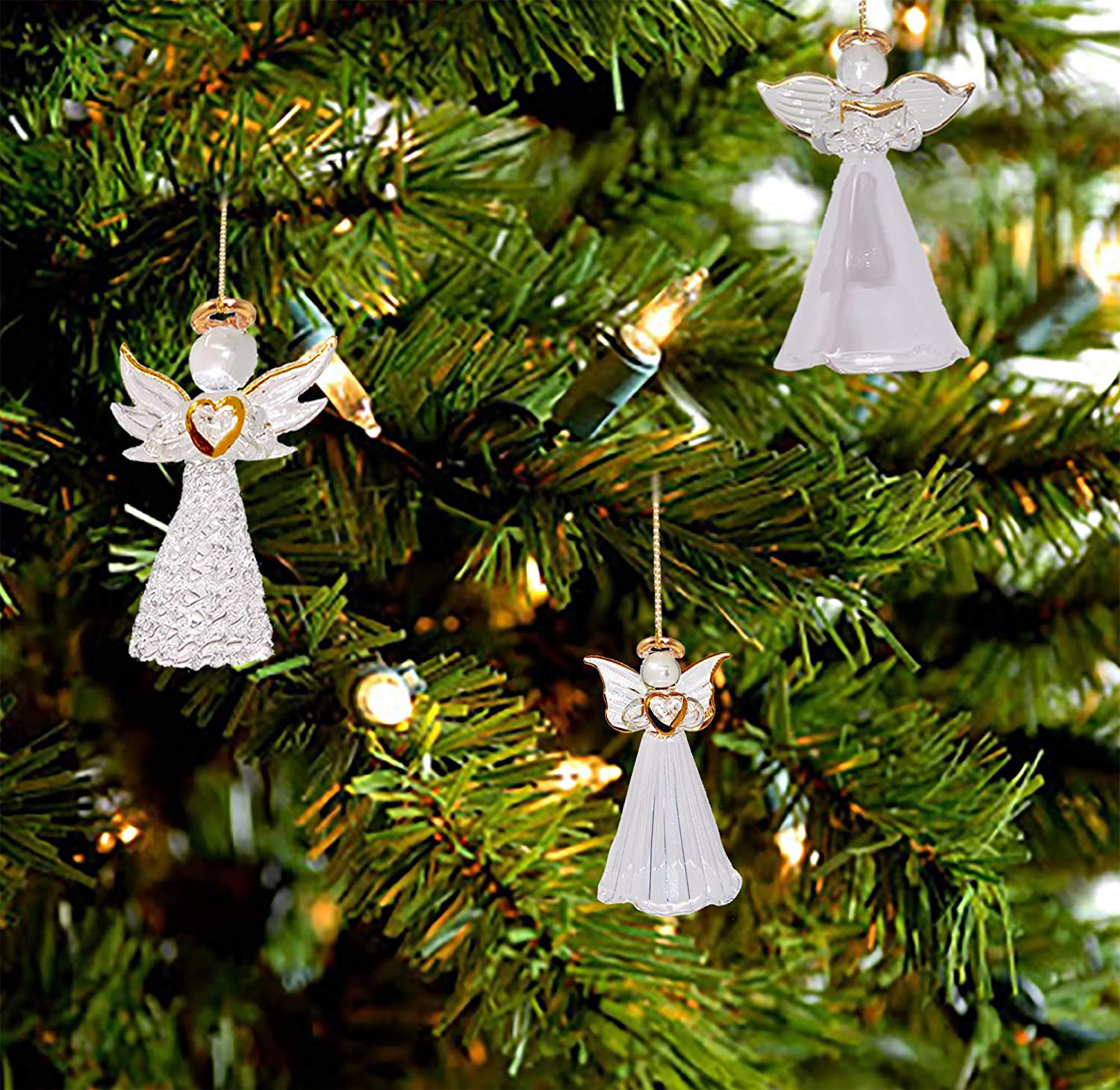 4E'S Novelty Glass Angel Ornaments for Christmas Tree (Set of 24) Assortment of 6 Designs - 2.5 Inch Clear Spun Glass Religious Angel