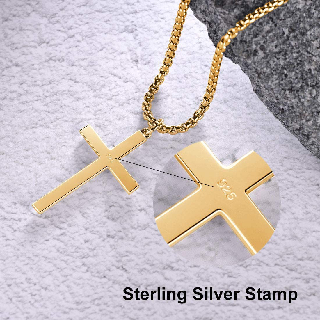 FANCIME Yellow/White Gold Plated 925 Solid Sterling Silver Polished Big Beveled Edge Men'S Crucifix Cross Pendant Long Necklace Fine Jewelry for Men Boys, with Strong Stainless Steel Box Chain Length 24 Inch
