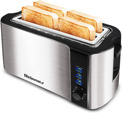 Elite Platinum ECT-3100 Cool Touch Long Slot Toaster with Extra Wide 1.25" Slots for Bagels, 6 Settings, Space Saving Design, Warming Rack, 4 Slice, Stainless Steel & Black