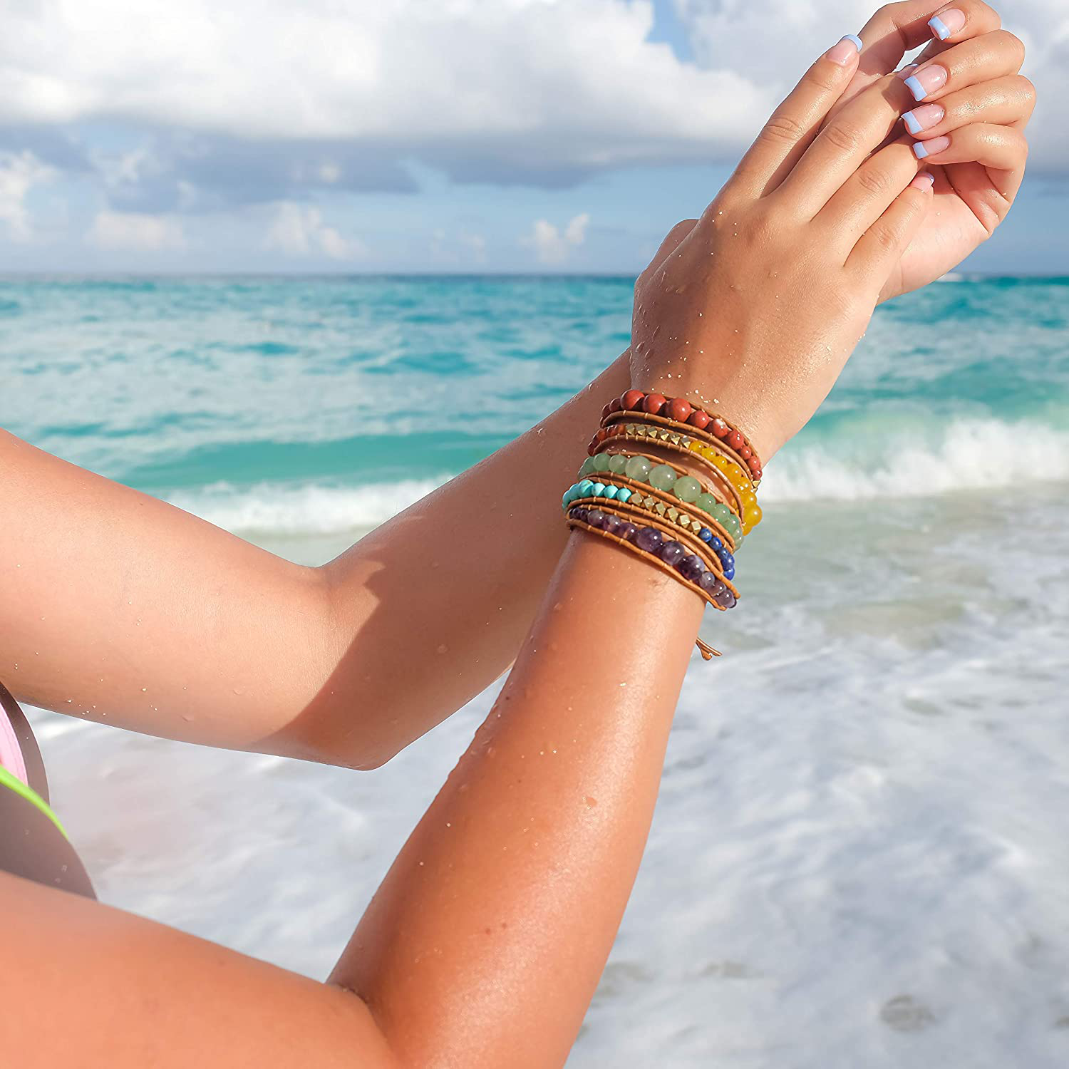 Globi Natural Stone Wrap Bracelet for Women/Men | Adjustable Multilayer Genuine Leather Boho Handmade Beaded Bracelet