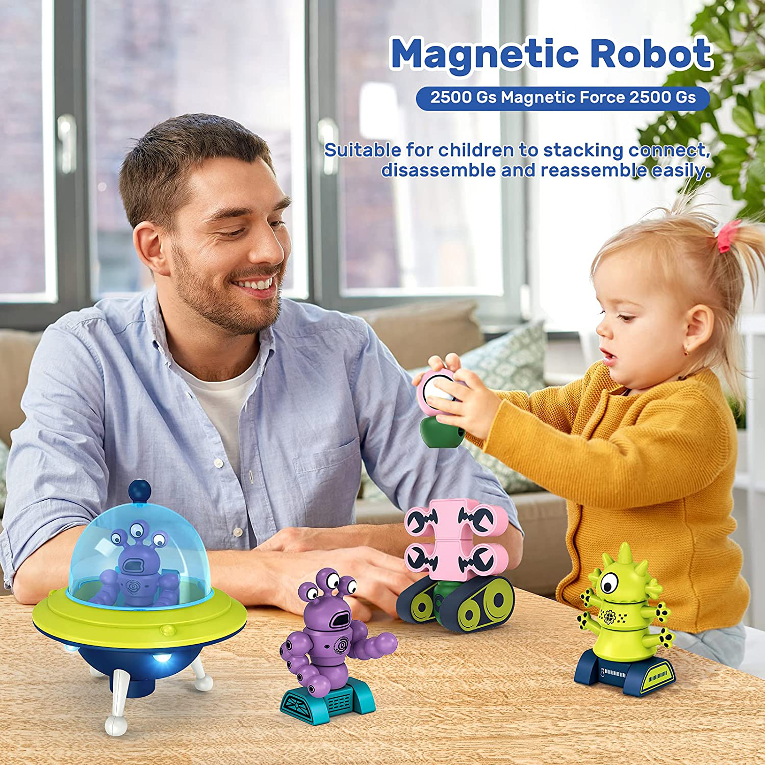 HOLYFUN Magnetic Toys for Kids, Electronic Magnetic Walking Flying Saucer with 35PCS Stacking Blocks Building Robot, Storage Box, STEM Educational Space Ship and Robot Toy Gift for Toddler Boy Girl