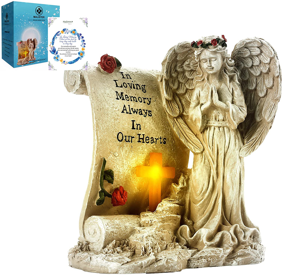 Malister Memorial Gifts - Garden Angel Statue Sympathy Gift with Solar Led Light, Bereavement Gifts, Memory of Loved One, Cemetery Grave Decorations, Remembrance Gifts Condolence Gift, Angel Figurines