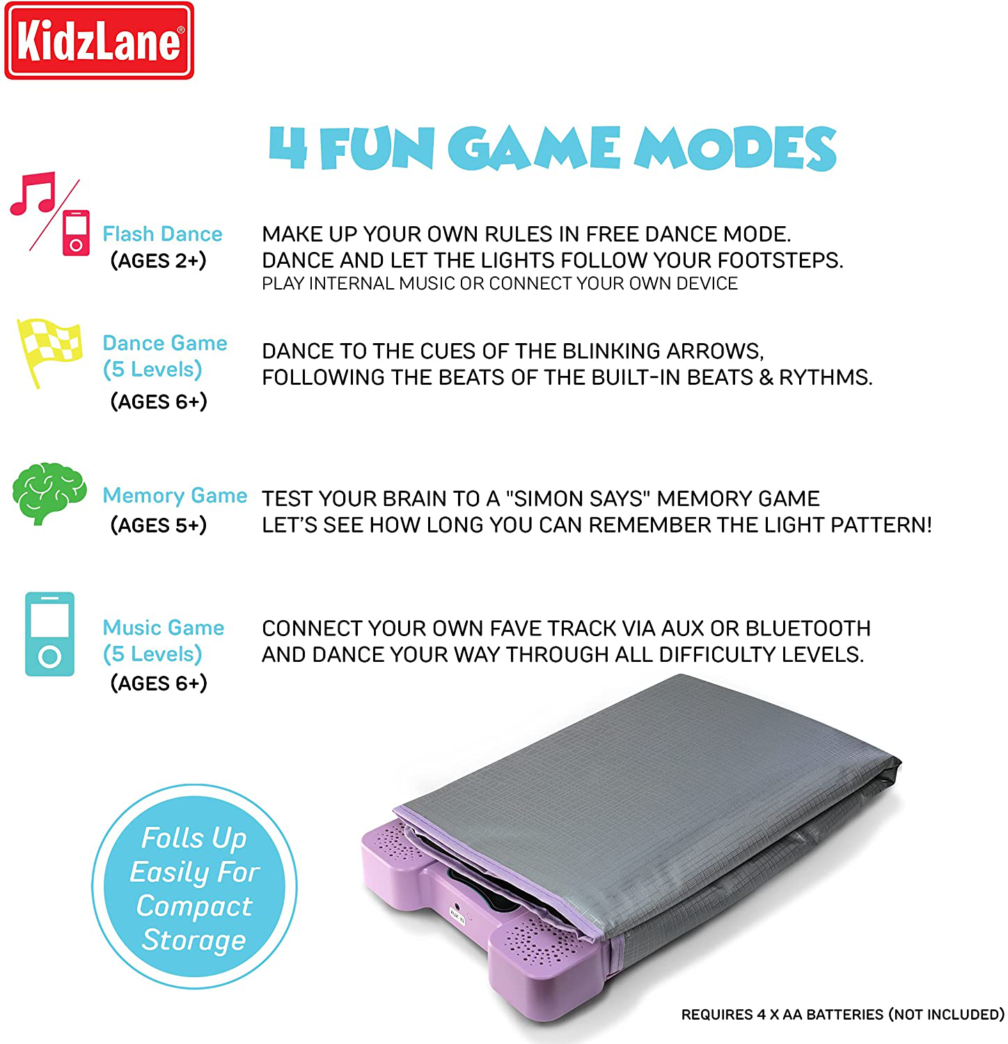 Kidzlane Dance Mat | Light up Dance Pad with Wireless Bluetooth/Aux or Built in Music | Dance Game with 4 Game Modes | Gift Toy for Girls & Boys Ages 6 7 8 Years Old +