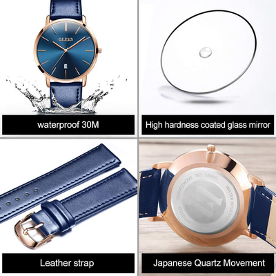 OLEVS Women Wrist Watches Ultra Thin 6.5Mm Minimalist Dress Fashion Quartz Waterproof Date Day Leather Strap Slim Watches for Ladies