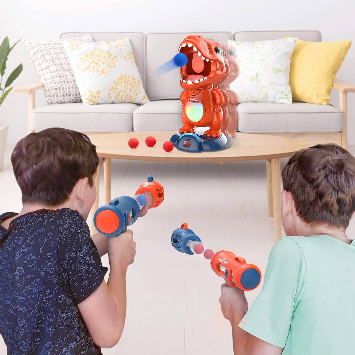 Movable Dinosaur Shooting Toys for Kids Target Shooting Games with 2 Air Pump Gun, Party Toys with Score Record, LED & Sound, 48 Foam Balls Electronic Target Practice Toys Gift for Boys and Girls
