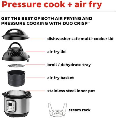 Instant Pot Duo Crisp 11-In-1 Electric Pressure Cooker with Air Fryer Lid, 8 Quart Stainless Steel/Black, Air Fry, Roast, Bake, Dehydrate, Slow Cook, Rice Cooker, Steamer, Sauté