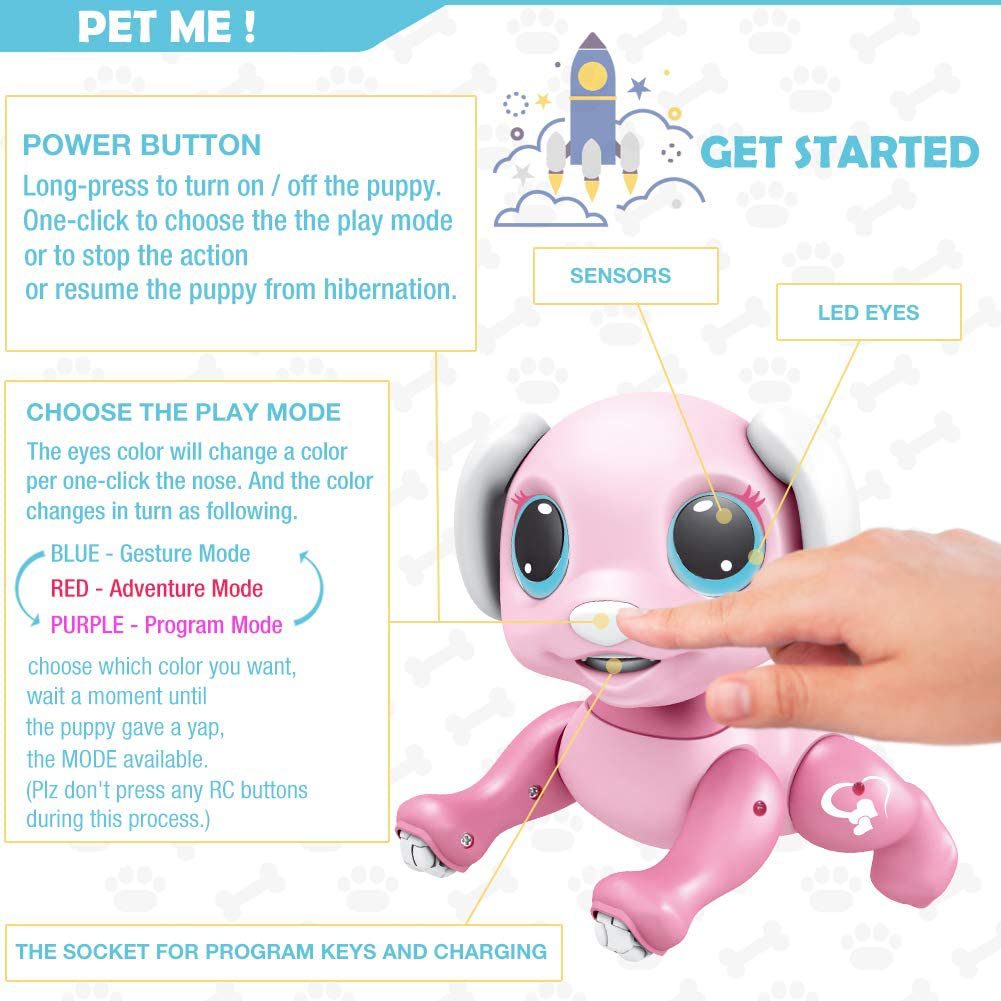 BIRANCO. Updated 2019 Smart Puppy - Remote Control, Gesture Control, STEM Programmable Actions, Lights and Sounds Electronic Pets Dog Toys, Ages 3 and up (Pink)
