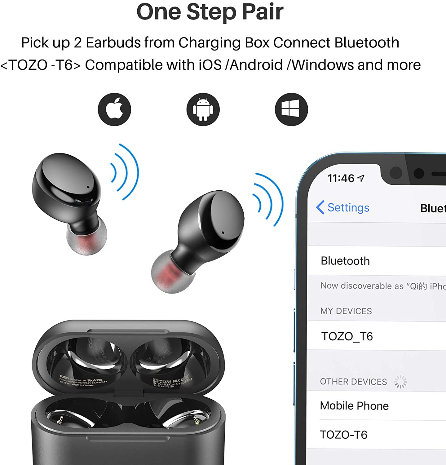 TOZO T6 True Wireless Earbuds Bluetooth Headphones Touch Control with Wireless Charging Case IPX8 Waterproof Stereo Earphones In-Ear Built-In Mic Headset Premium Deep Bass for Sport Black