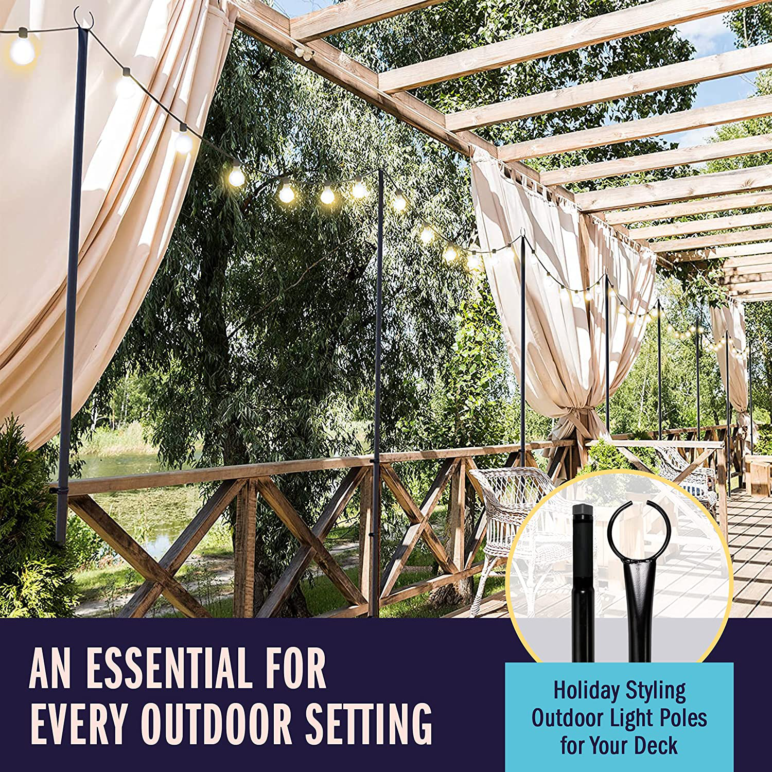Holiday Styling String Light Poles for Outdoor String Lights - Set of 2 Christmas Light Poles, 110 Inch Pole & Bracket Kit for Deck or Patio Railing - outside Hangers & Hooks for Backyard LED Lights