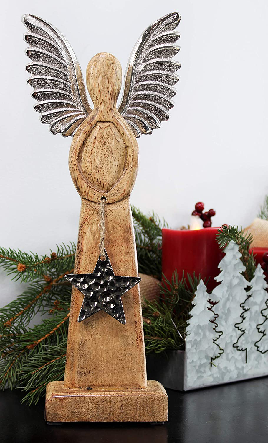 Auldhome Wooden Angel Christmas Statue; Farmhouse Holiday Decor Wood and Metal Figurine