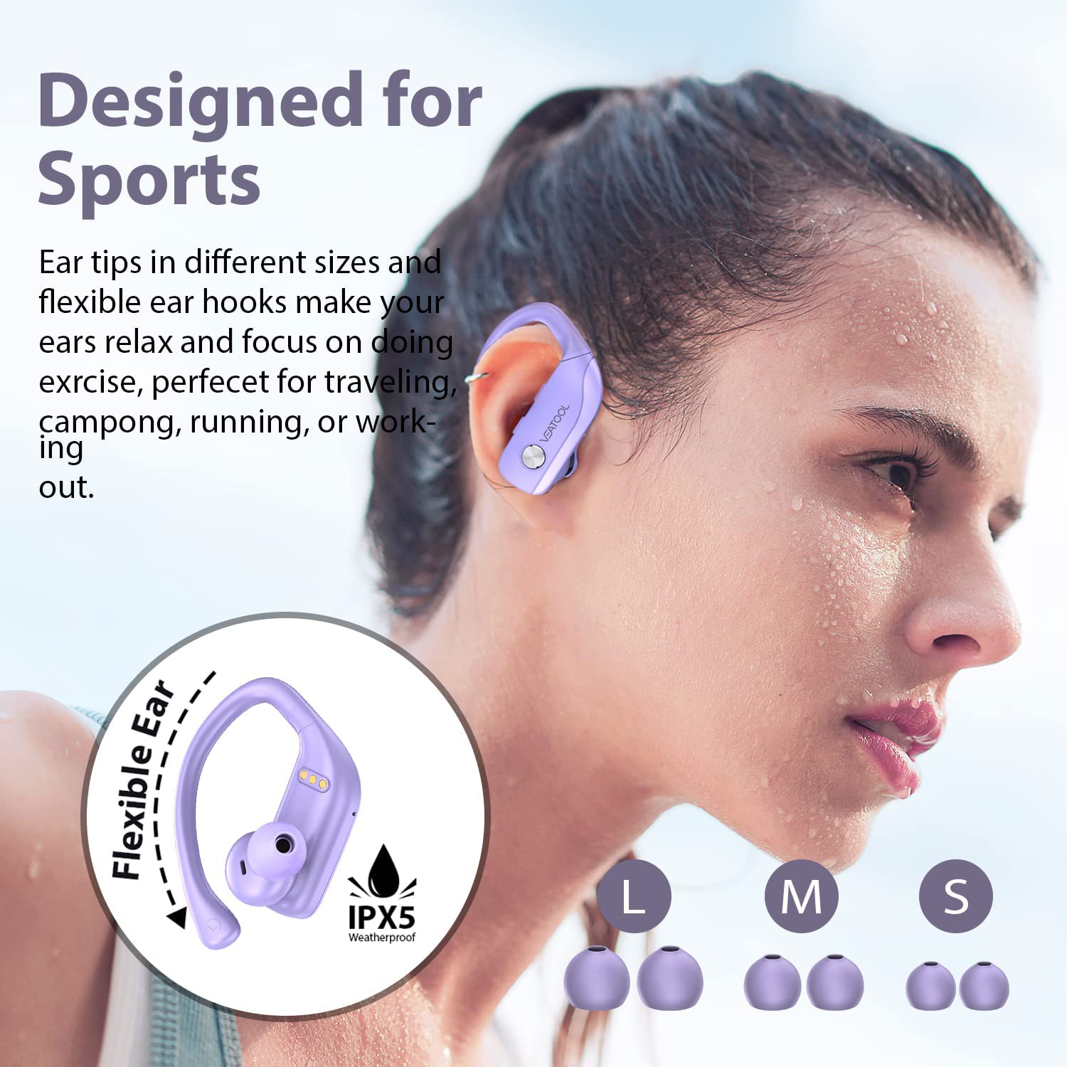 Wireless Earbuds Bluetooth Headphones 48Hrs Play Back Sport Earphones with LED Display Over-Ear Buds with Earhooks Built-In Mic Headset for Workout Purple BMANI-VEAT00L