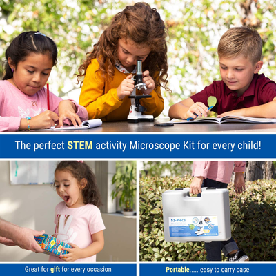 Amscope 120X-1200X 52-Pcs Kids Beginner Microscope STEM Kit with Metal Body Microscope, Plastic Slides, LED Light and Carrying Box (M30-Abs-Kt2-W),White