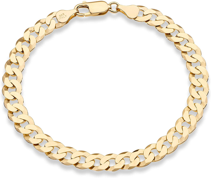 Miabella 18K Gold over Sterling Silver Italian 7Mm Solid Diamond-Cut Cuban Link Curb Chain Bracelet for Men Women 7, 7.5, 8, 8.5, 9 Inch, 925 Made in Italy