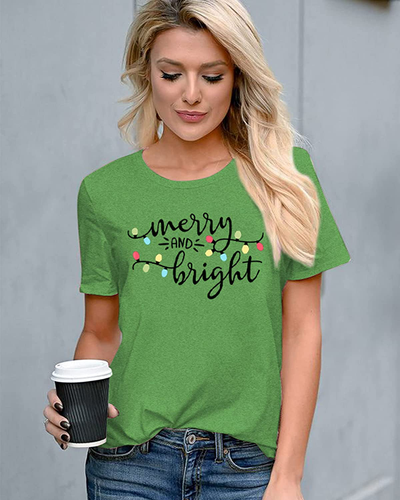 DUTUT Merry and Bright Christmas Lights T-Shirts Women Xmas Graphic Print Shirts Holiday Short Sleeve Tops Tees