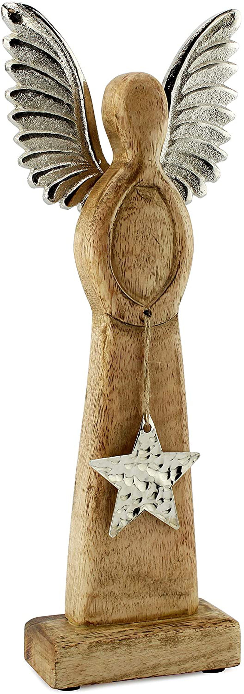 Auldhome Wooden Angel Christmas Statue; Farmhouse Holiday Decor Wood and Metal Figurine