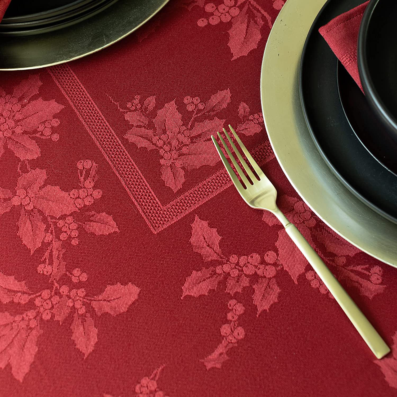 Benson Mills Holiday Elegance Heavyweight Engineered Jacquard Fabric Tablecloth for Christmas, Holiday, and Winter (Red, 60" X 84" Rectangular)
