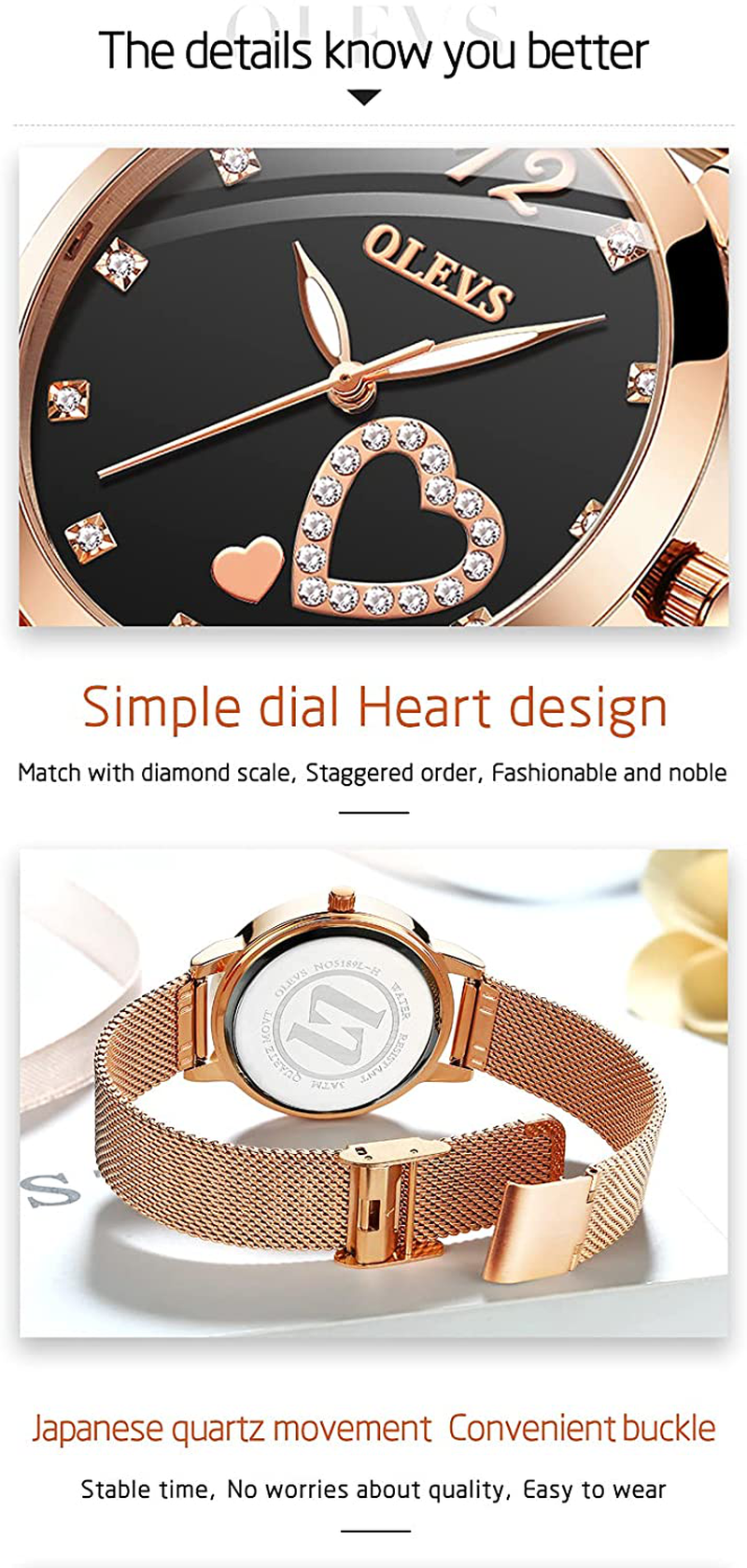 OLEVS Women'S Rose Gold Watches Heart Diamond Japanese Quartz Movement Girls Ladies Wristwatch Big Face Waterproof Mesh Belt Watch and Bracelet Set Valentines Day Gifts
