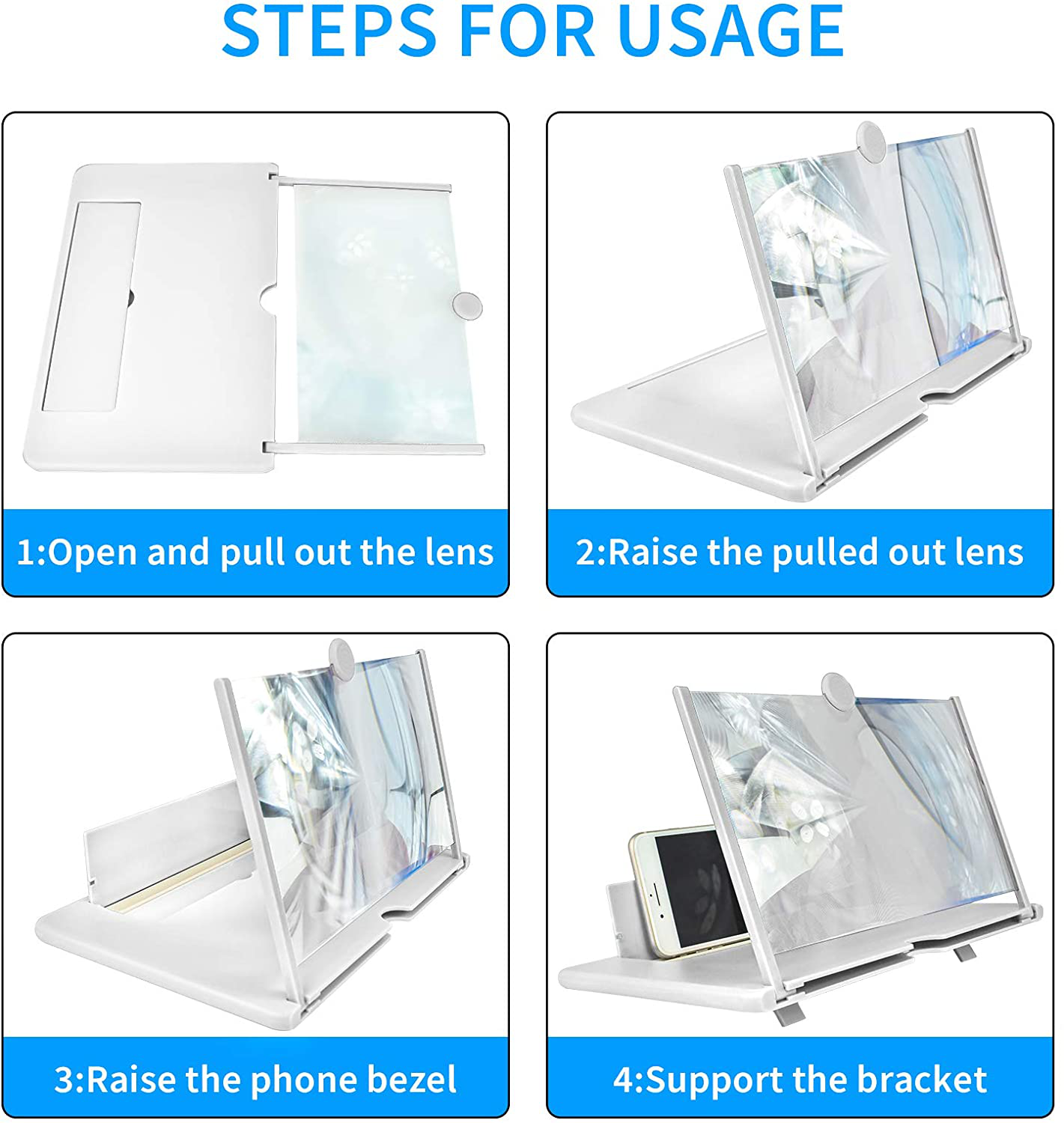 14 Inch Screen Magnifier for Cell Phone 3D Magnifier Screen Enlarger for Movies,Videos,Reading,Gaming-Screen Amplifie with Foldable Phone Stand Holder. Compatible with All Smartphones-White