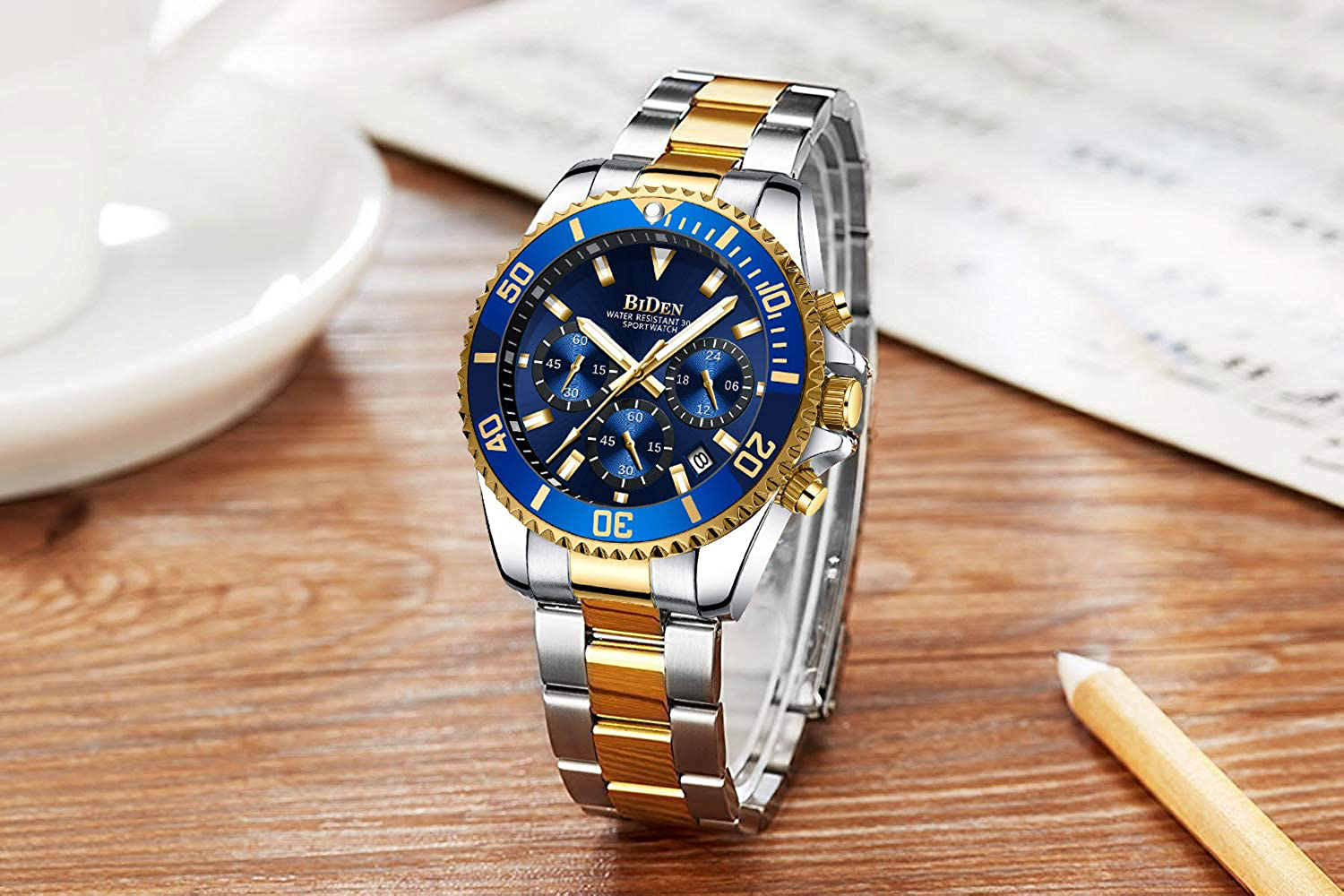Mens Watches Chronograph Stainless Steel Waterproof Date Analog Quartz Watch Business Wrist Watches for Men