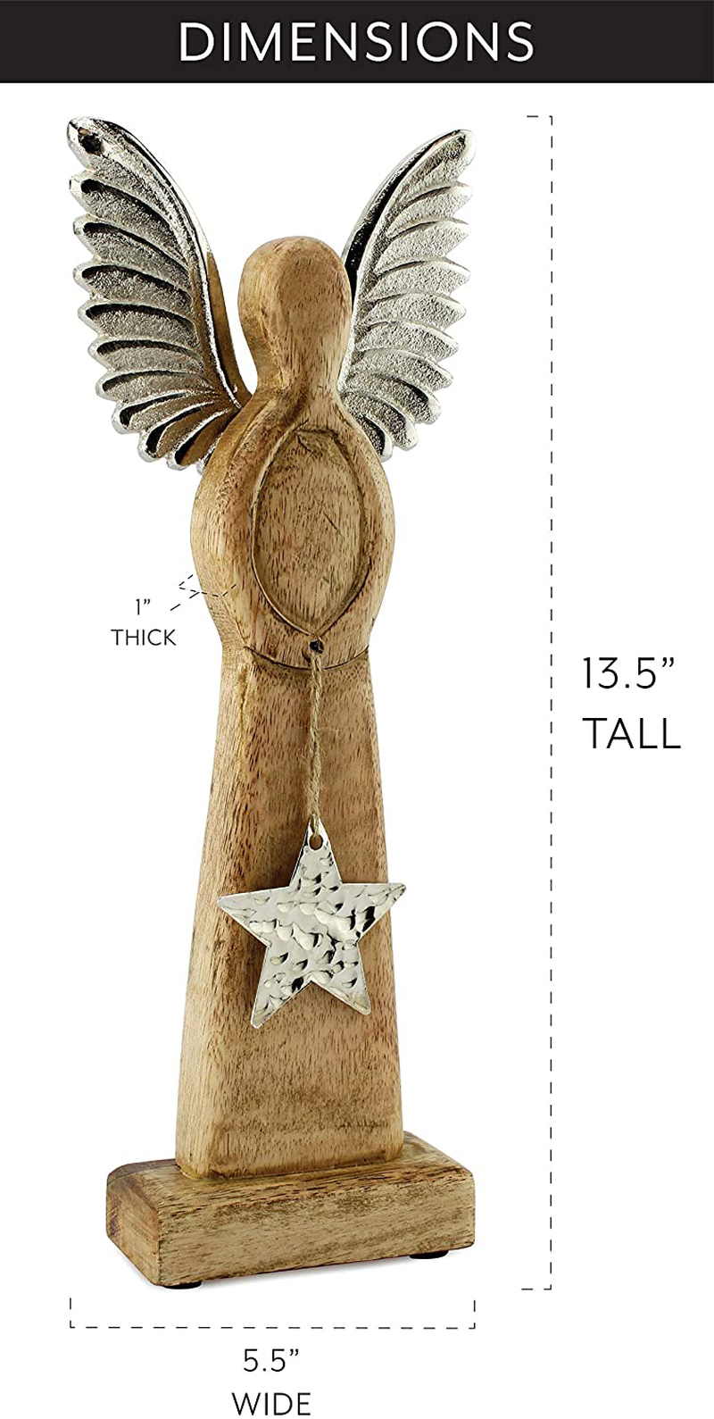 Auldhome Wooden Angel Christmas Statue; Farmhouse Holiday Decor Wood and Metal Figurine