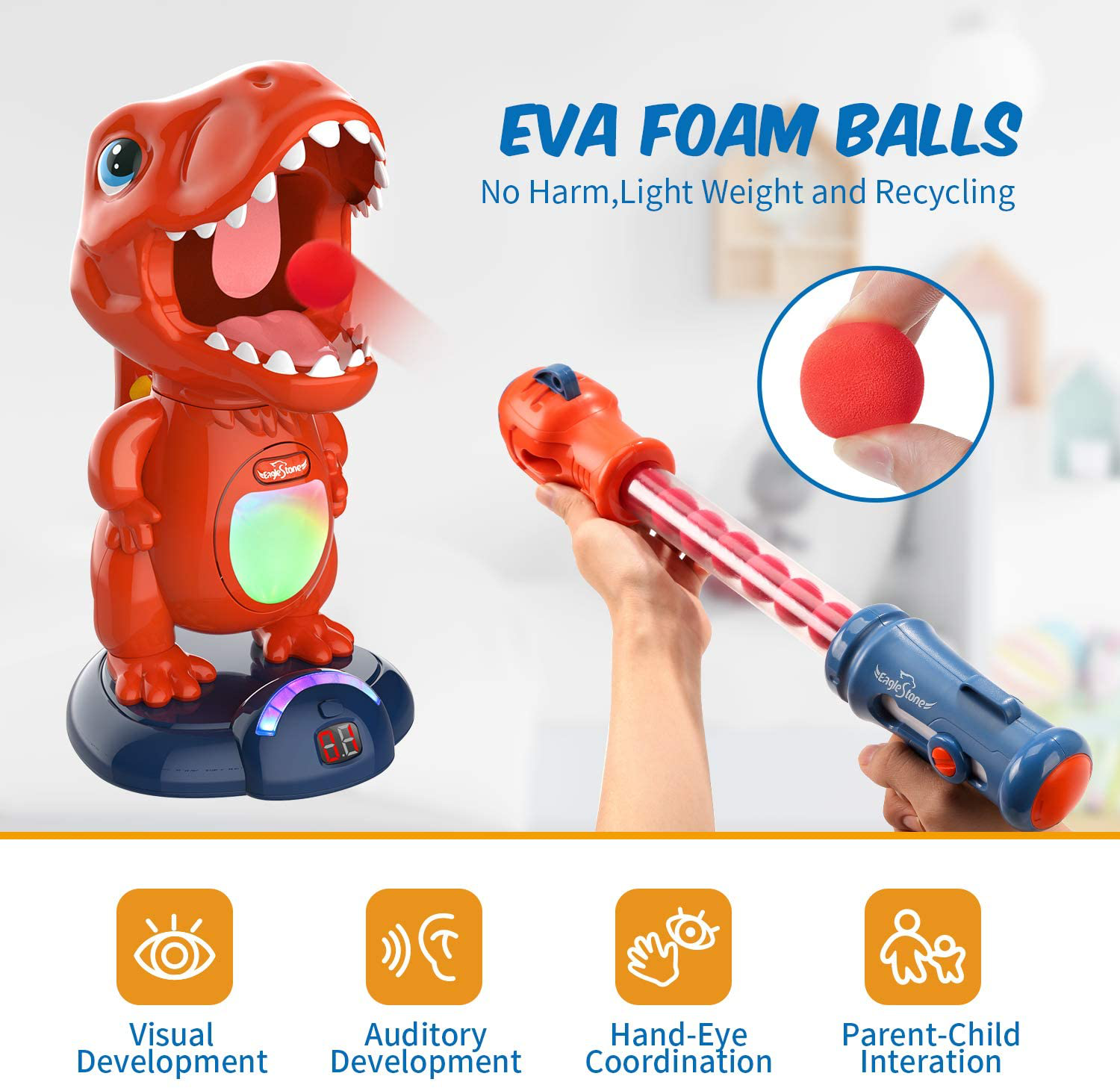 Movable Dinosaur Shooting Toys for Kids Target Shooting Games with 2 Air Pump Gun, Party Toys with Score Record, LED & Sound, 48 Foam Balls Electronic Target Practice Toys Gift for Boys and Girls