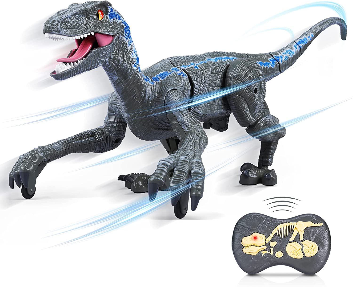 Remote Control Dinosaur for Kids Boys Girls,2.4G Electronic RC Toys Educational Simulation Velociraptor with 3D Eye Shaking Head & Roaring Sounds,Indoor Toys for 3 4 5 6 7 8 9 10 Year Old Gifts (Gray)