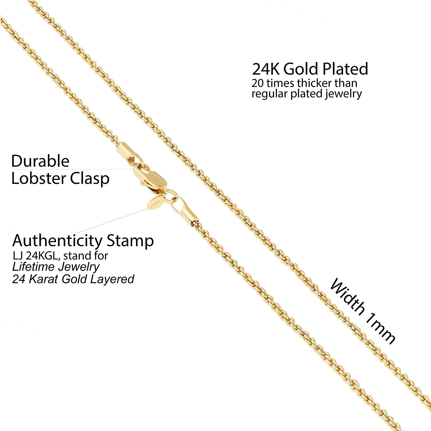 LIFETIME JEWELRY 1Mm Rope Chain Necklace 24K Real Gold Plated for Women and Men
