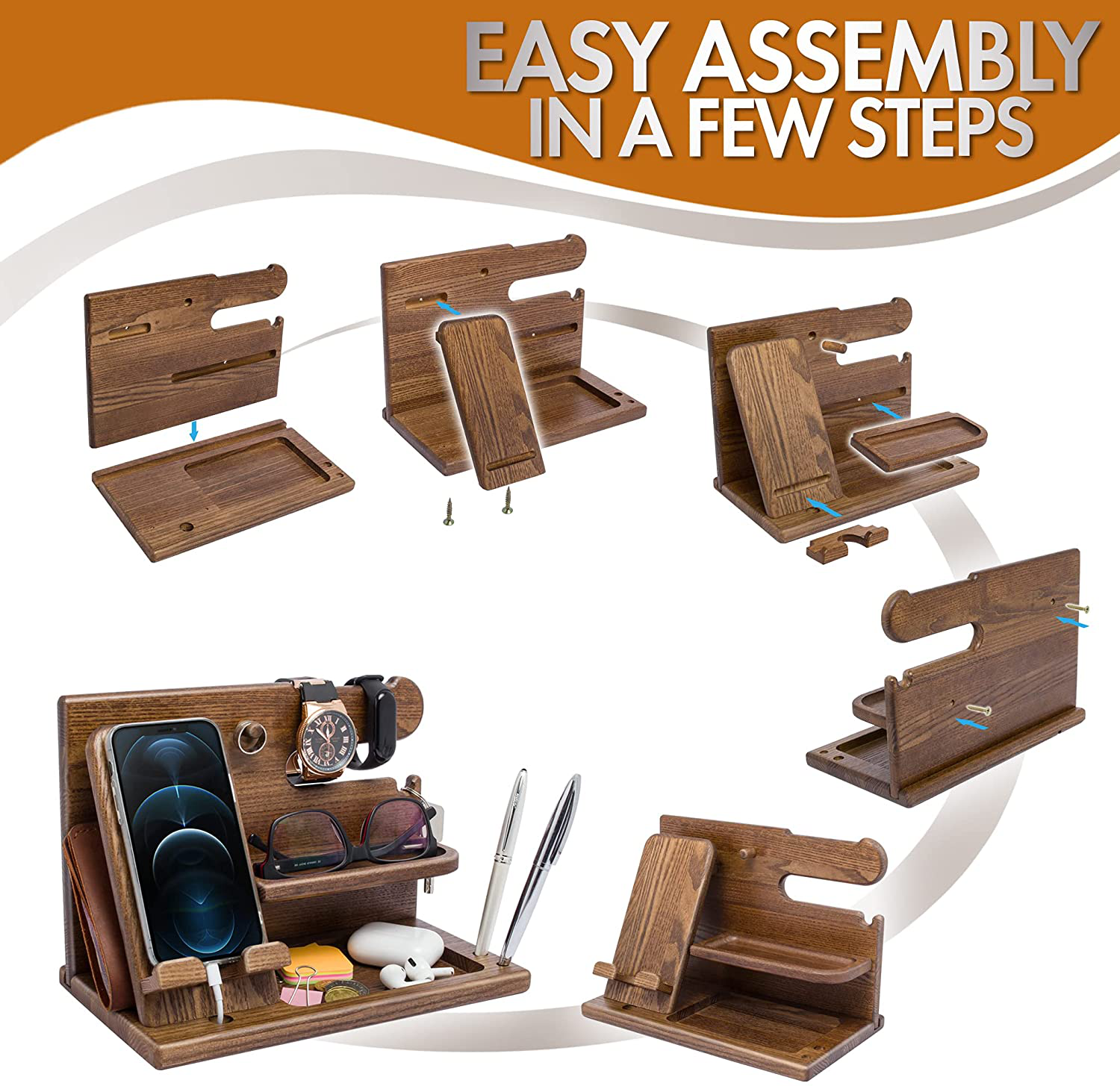 TESLYAR Wood Phone Docking Station Ash Key Holder Wallet Stand Watch Organizer Men Gift Husband Wife Anniversary Dad Birthday Nightstand Purse Father Graduation Male Travel Idea Gadgets