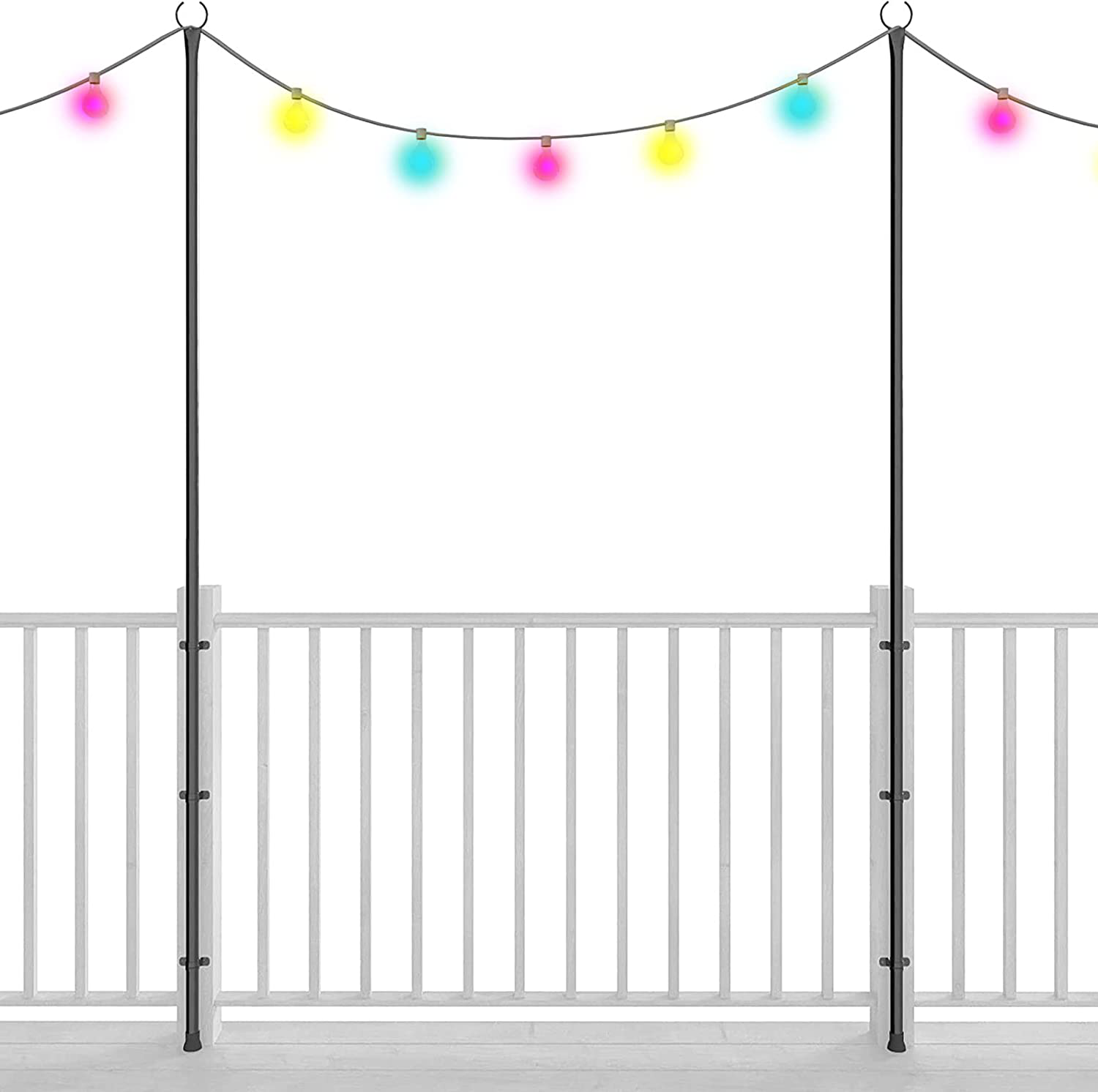 Holiday Styling String Light Poles for Outdoor String Lights - Set of 2 Christmas Light Poles, 110 Inch Pole & Bracket Kit for Deck or Patio Railing - outside Hangers & Hooks for Backyard LED Lights