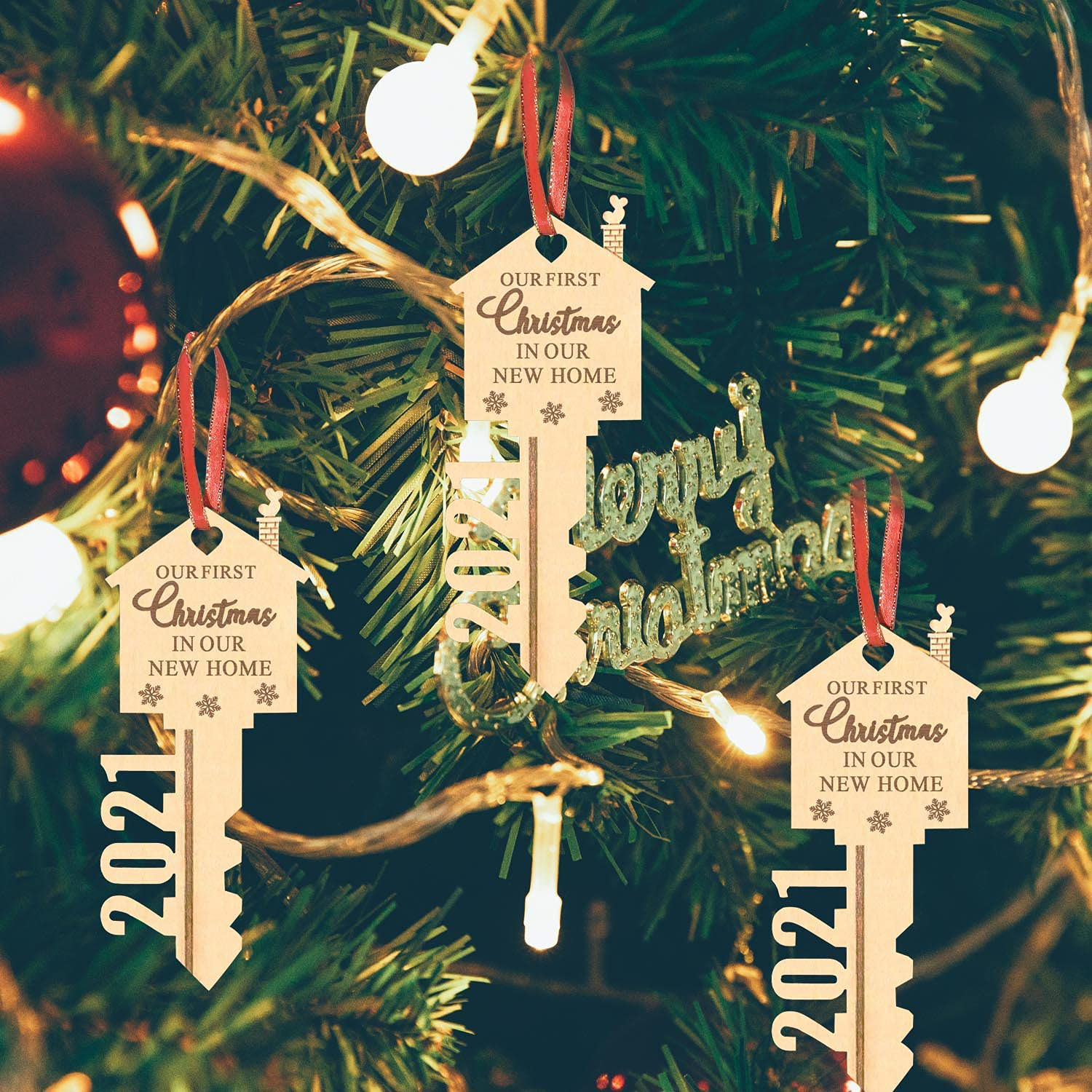 LEJHOME 2021 Our First Christmas in Our New Home Wood Key Christmas Ornament for Housewarming Gift Christmas Tree Holiday Decoration Pack of 2