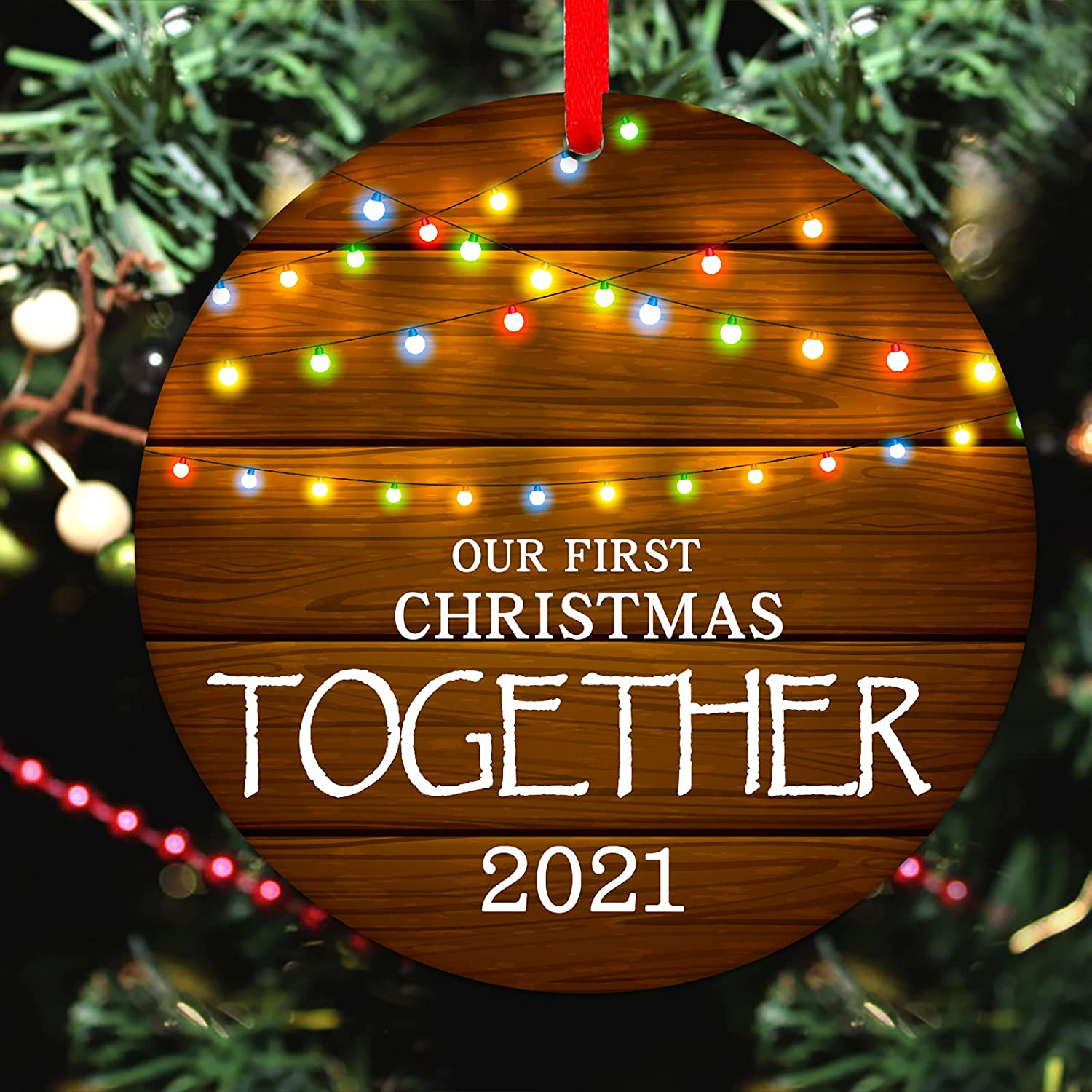 Our First Christmas Together Ornament 2021, 3" Rustic 1St Holiday Keepsake Ornament, Double-Side Printed Boyfriend Girlfriend Farmhouse Collectible Present
