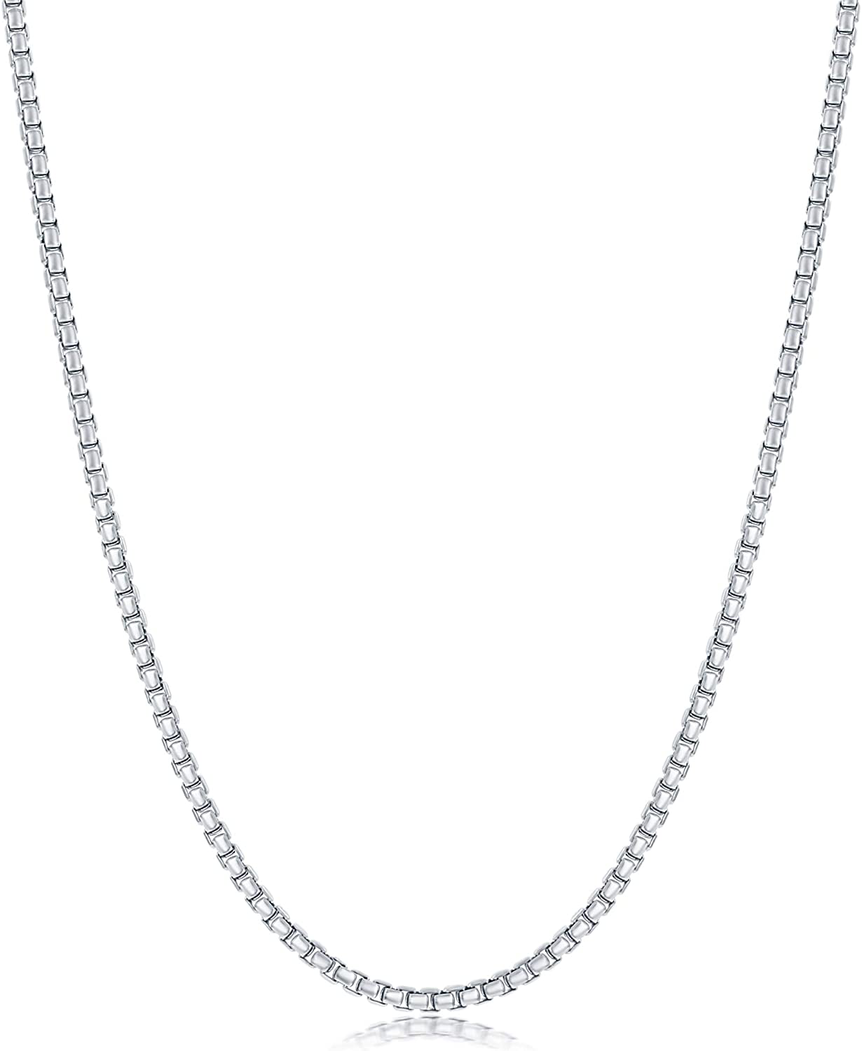 NYC Sterling round Link Chain - Rhodium Necklaces for Men – Luxurious Rhodium Chain – 2Mm round Box Chain – Modern and Minimalist Design – Made in Italy - 16-Inch to 30-Inch