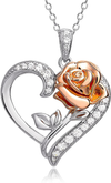 Disney Beauty and the Beast Pink Gold over Sterling Silver Two Tone Enchanted Rose Cubic Zirconia Heart Necklace, 18"